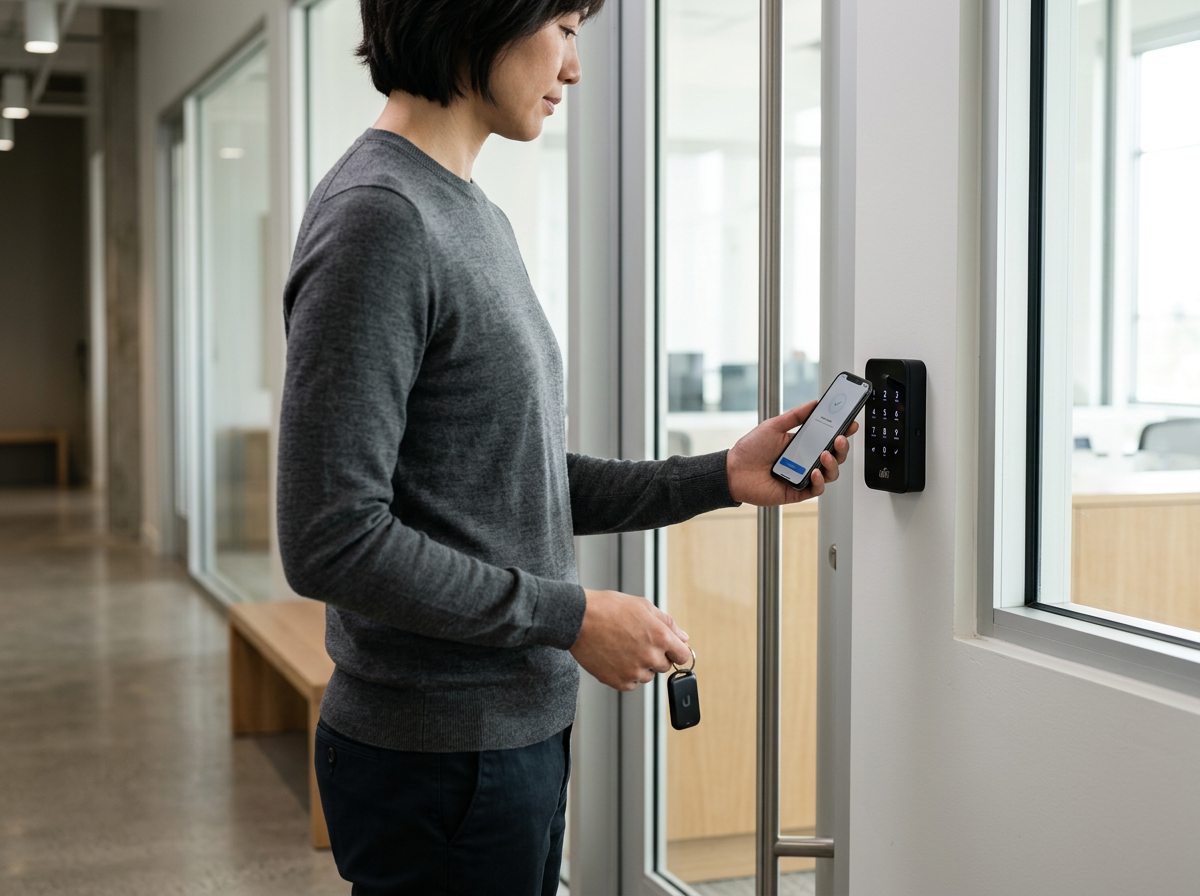 A woman standing inside an office building, holding keys in one hand and using a smartphone to unlock a digital door access system.