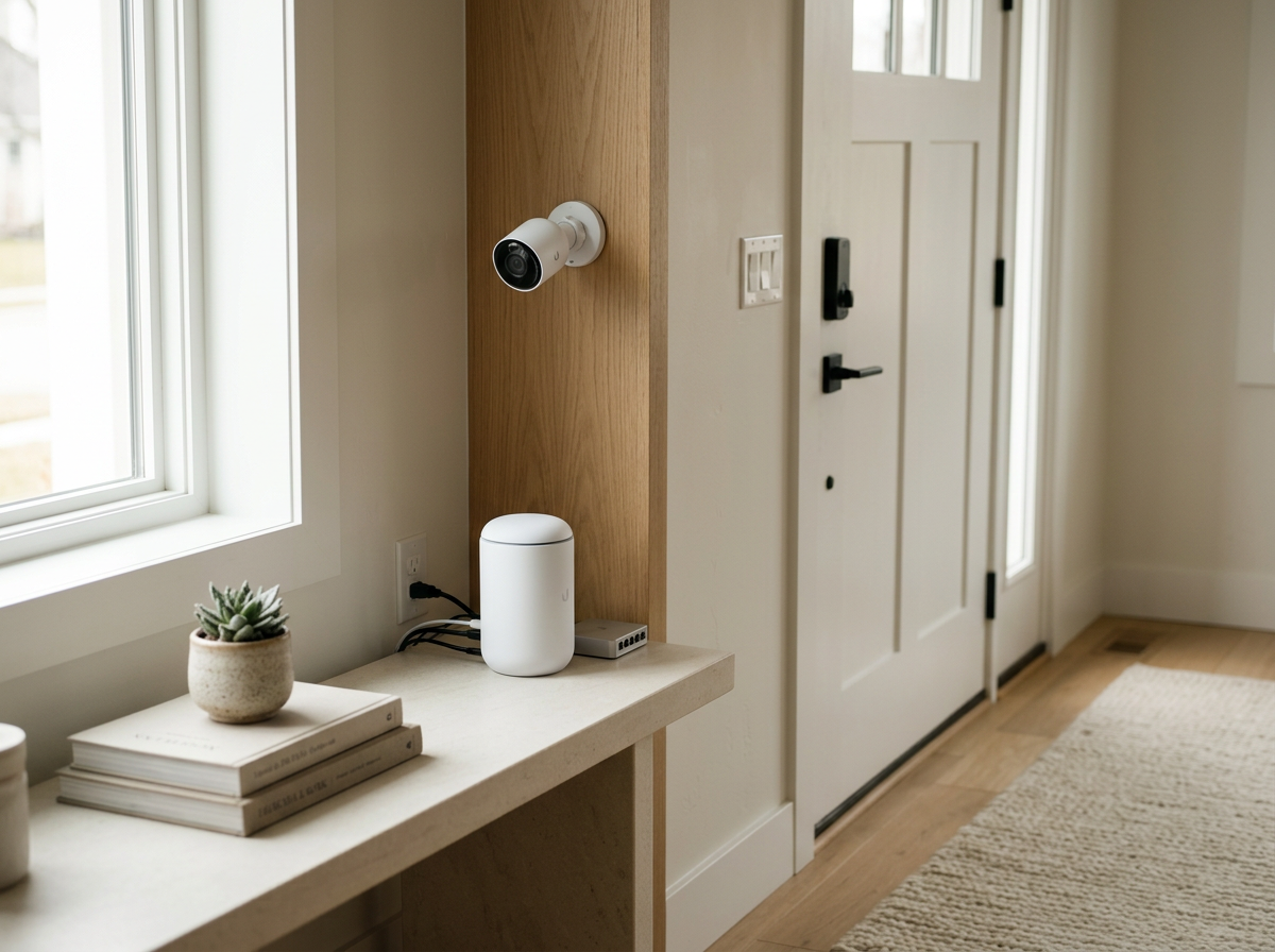 Interior of a home entryway with a security camera mounted on a wooden wall, a white smart device on a countertop, and a window letting in natural light.