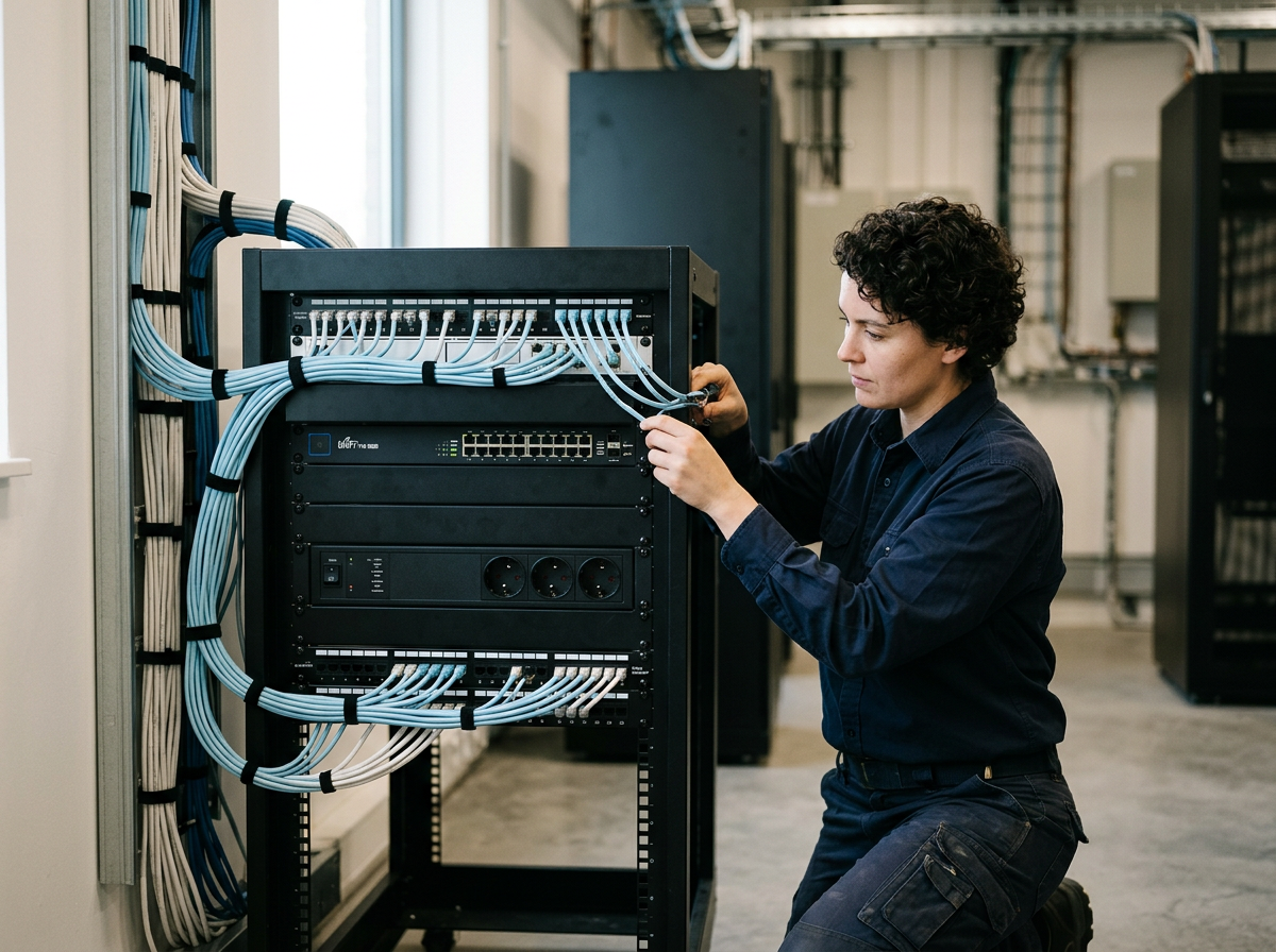 A technician working on a server rack filled with network cables and equipment in a data center.