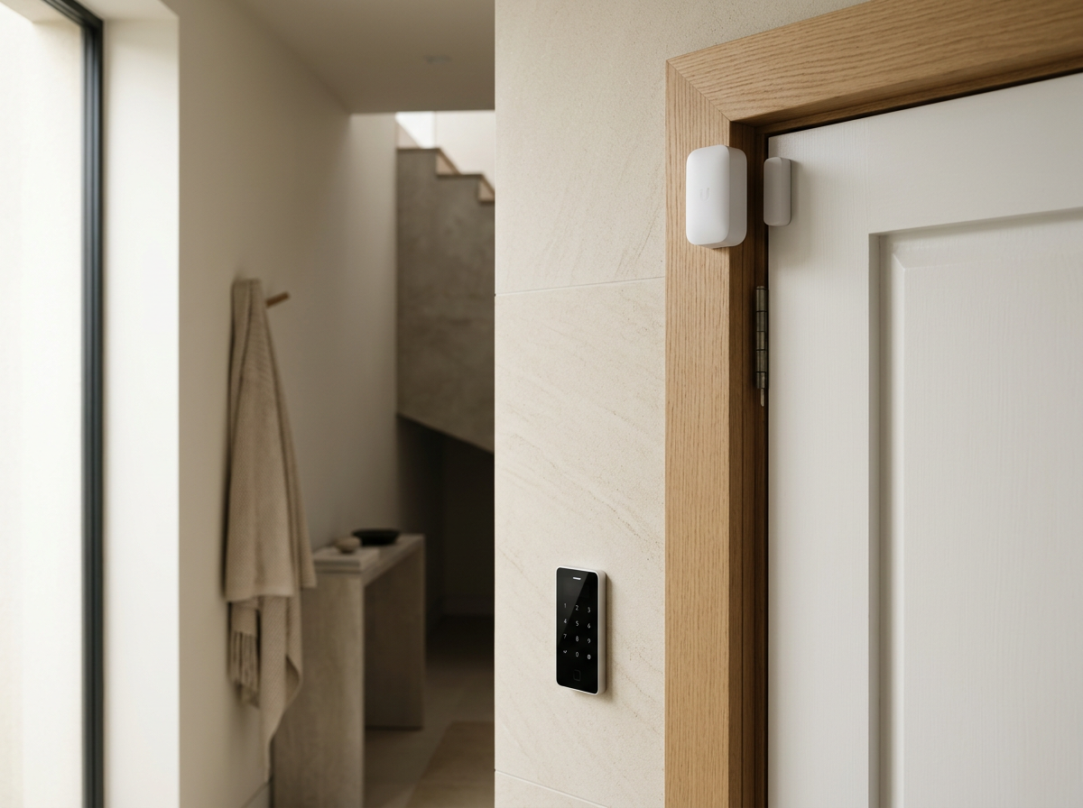 A door with a keypad lock and a white smart sensor on the doorframe, in a modern interior hallway.