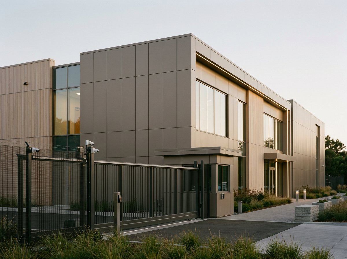 Modern two-story building with large windows, metal and wood exterior, surrounded by a gated fence, driveway, and landscaped yard.
