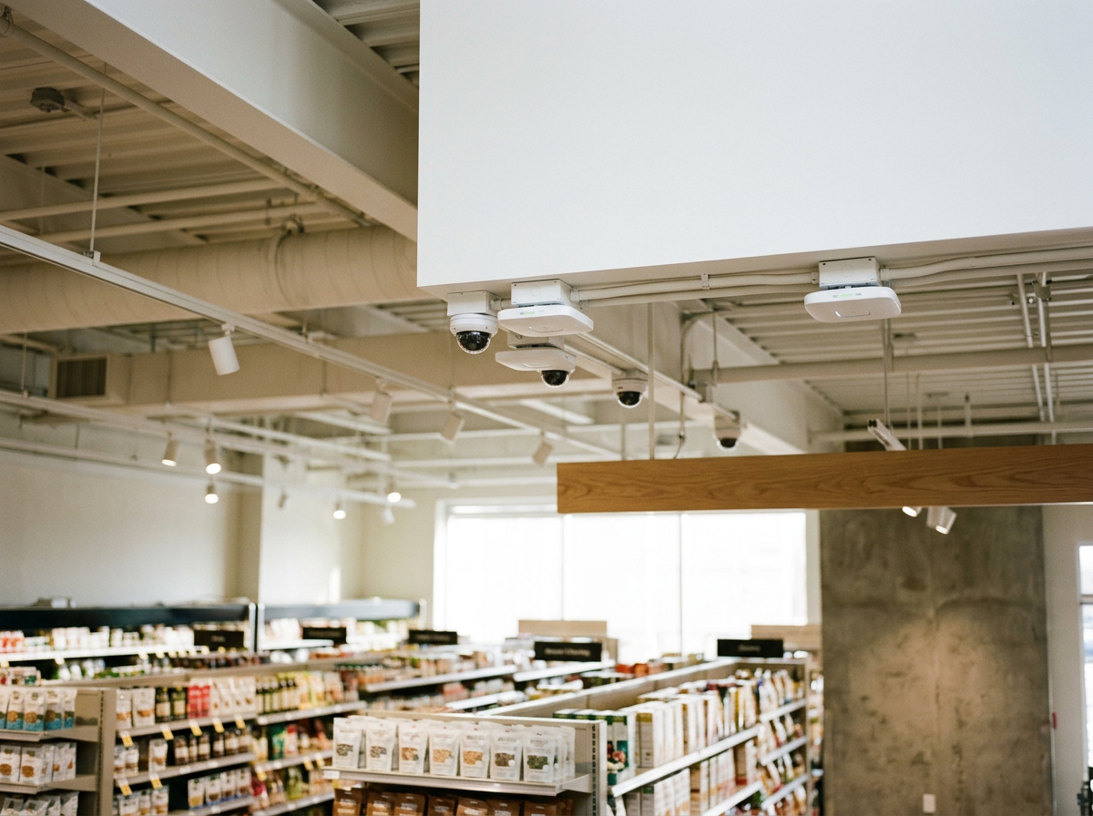 The ceiling of a grocery store with multiple security cameras and lighting fixtures, shelves with products, and large windows in the background.