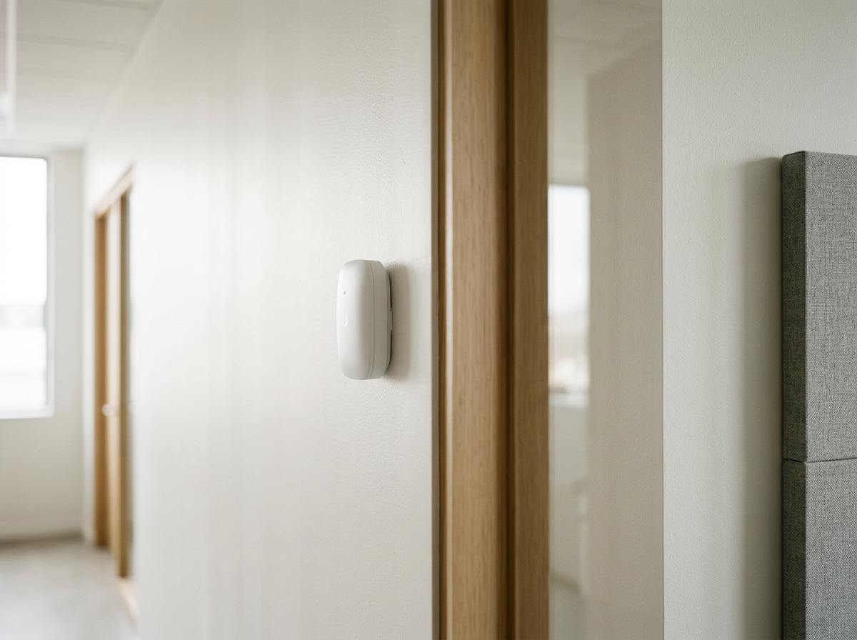 Indoor hallway with white walls, a wall-mounted device, and wooden trim around doorways, with a window in the background.