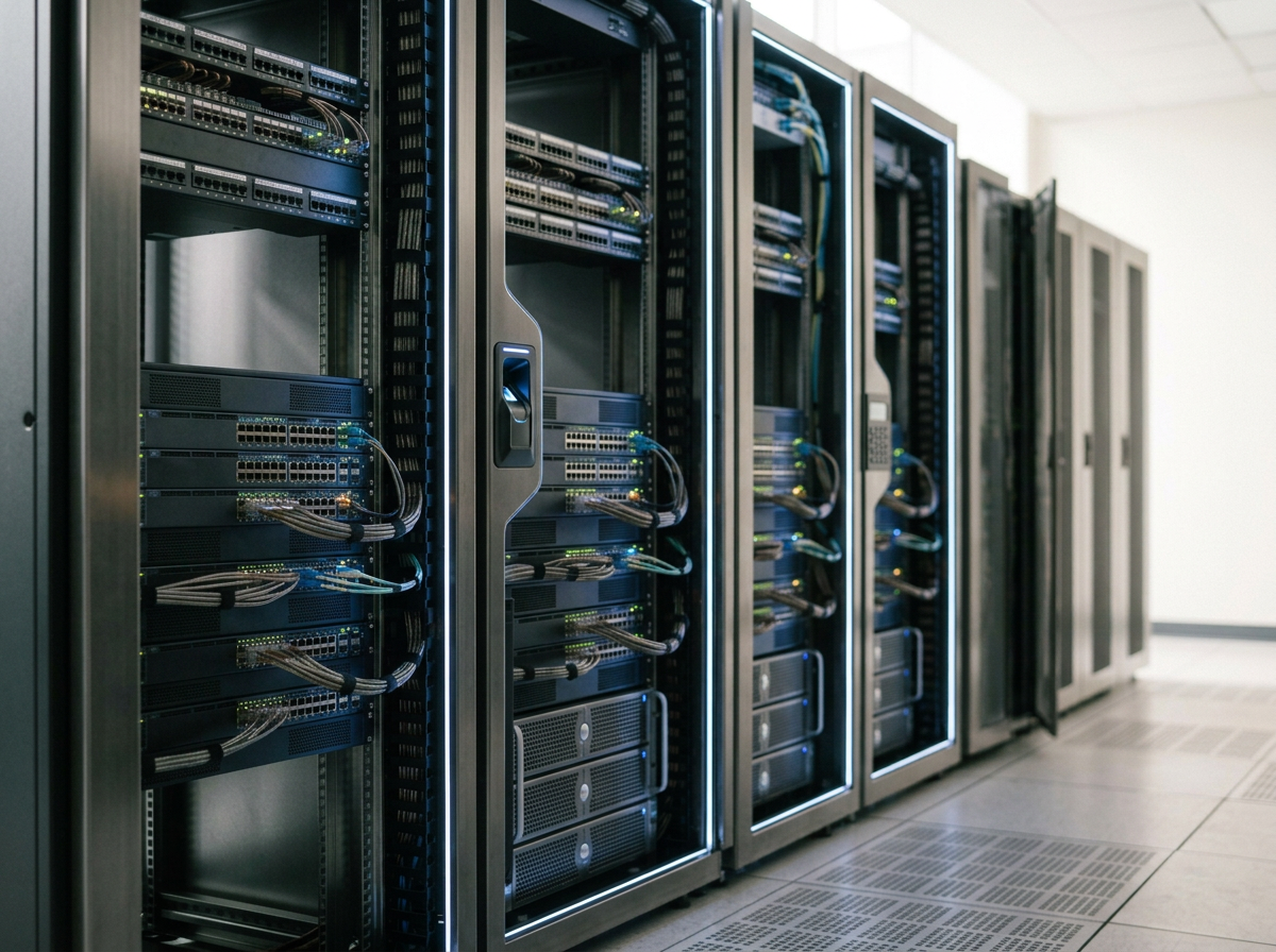 Server racks in a data center with visible network cables and lighting.