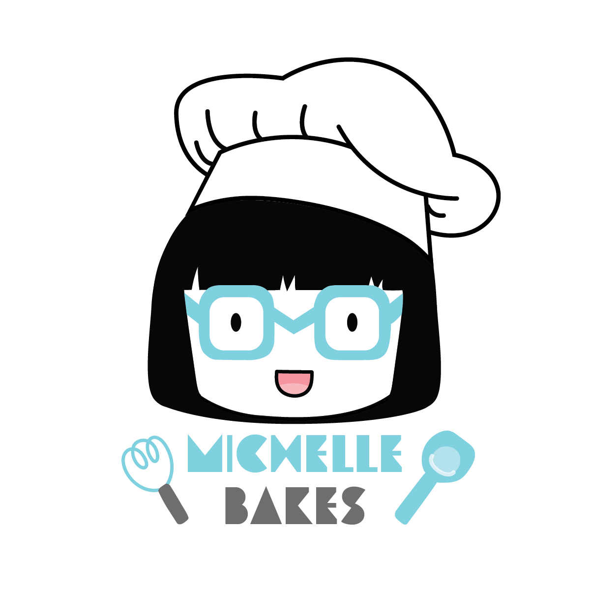 A cartoon image of a girl with black hair, glasses, and a chef hat, with the text 'Mickelle Bakes' and baking utensils.