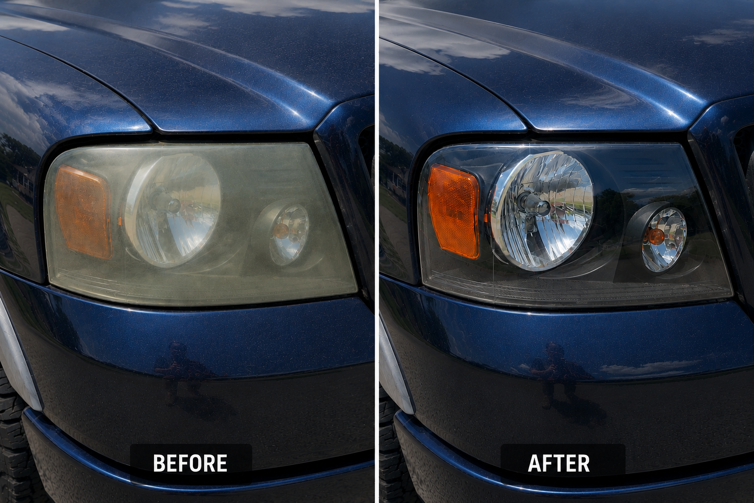 Headlight before and after restoration in South Jersey — cloudy lens restored to clear