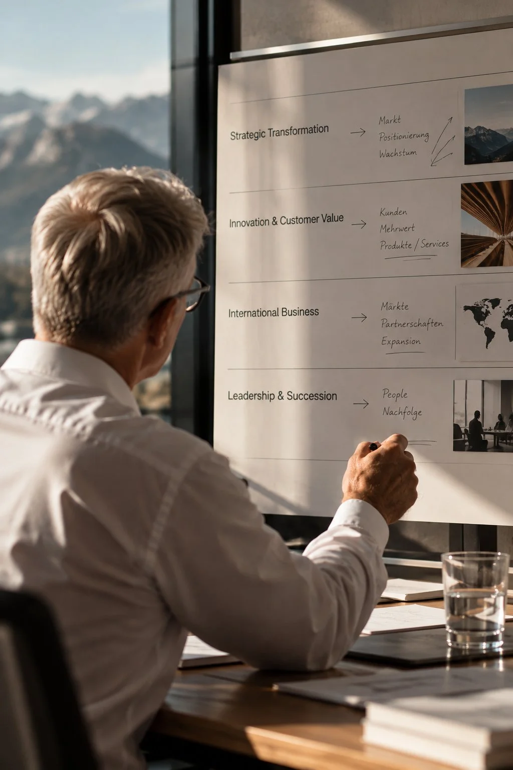 Ein älterer Mann schreibt an einer Präsentationstafel im Büro. Die Tafel zeigt eine Präsentation mit Themen wie Strategische Transformation, Innovation & Kundenwert, Internationales Geschäft und Führung & Nachfolge. Das Büro hat große Fenster mit Blick auf Berge im Hintergrund.
