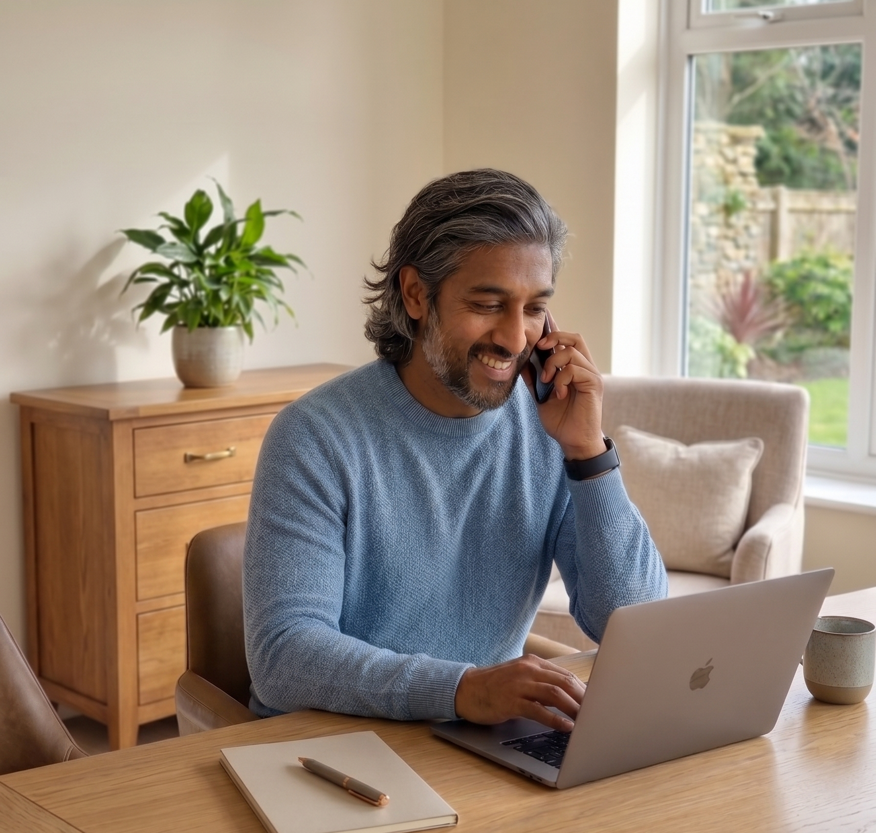 A middle-aged man with gray hair and a beard smiling while talking on the phone, sitting at a wooden table with a MacBook and a notebook, in a bright room with a large window and a potted plant.