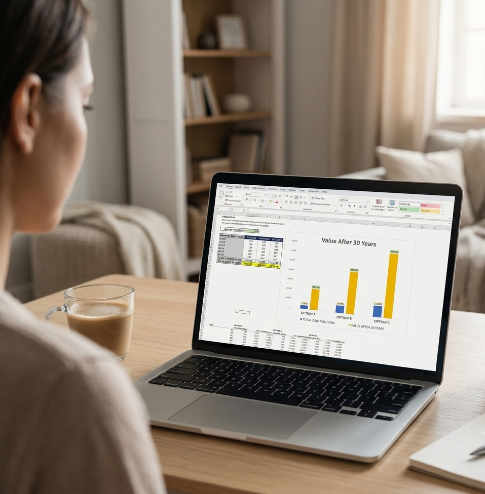 Person working on a laptop displaying a bar graph titled 'Value After 30 Years' with options A, B, and C, and a cup of coffee on the desk.