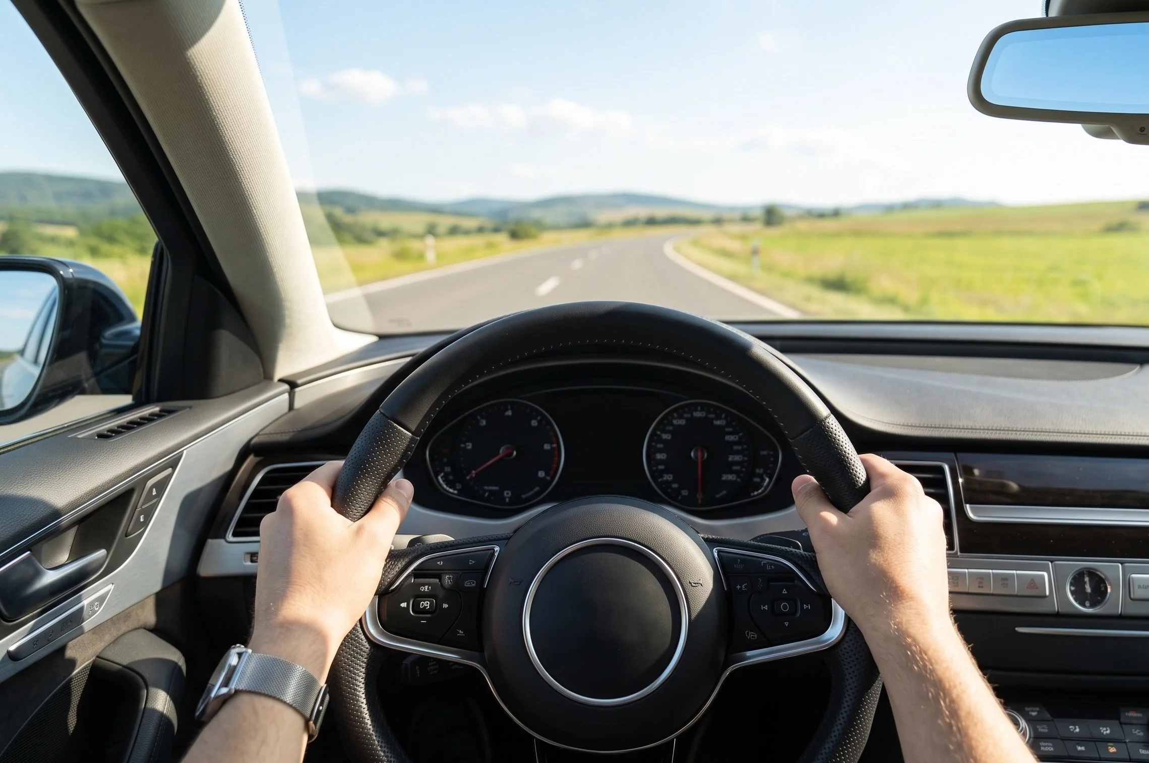 Inside view of a car dashboard with hands on the steering wheel, looking out at a curving rural road with green fields and hills under a blue sky.