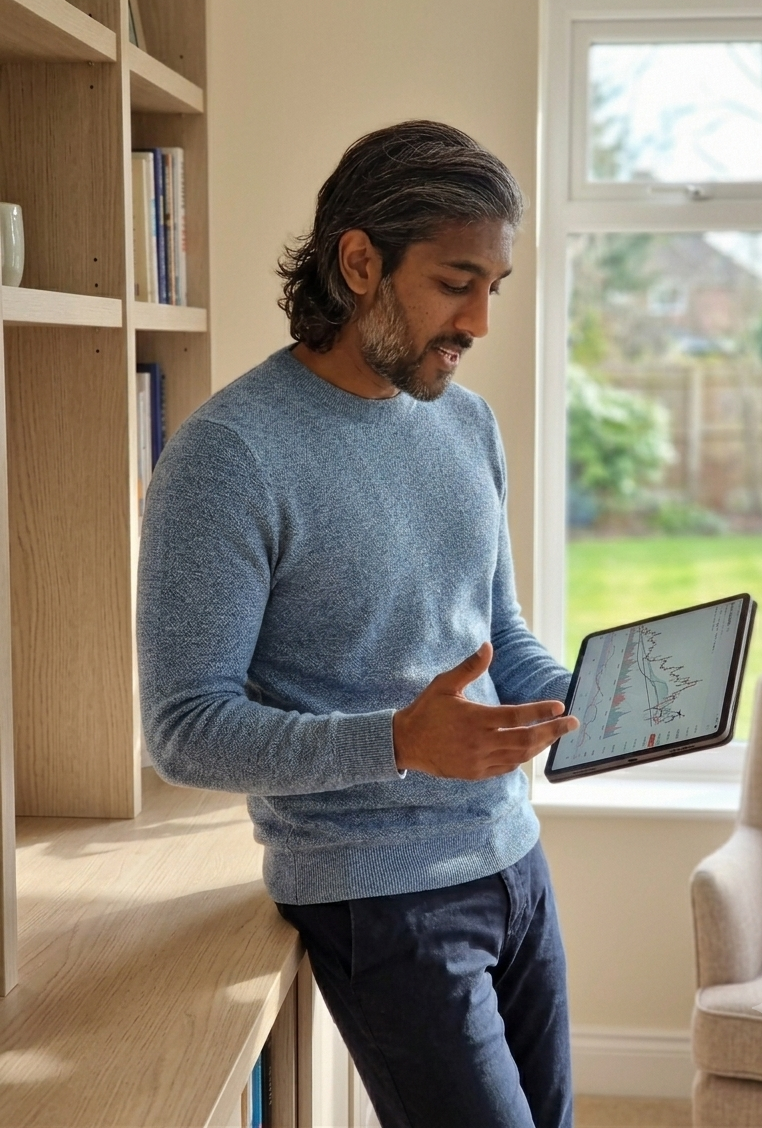 A man with gray hair and beard leaning on a wooden desk, looking at a tablet displaying stock charts, in a room with a bookshelf and a large window showing a backyard.