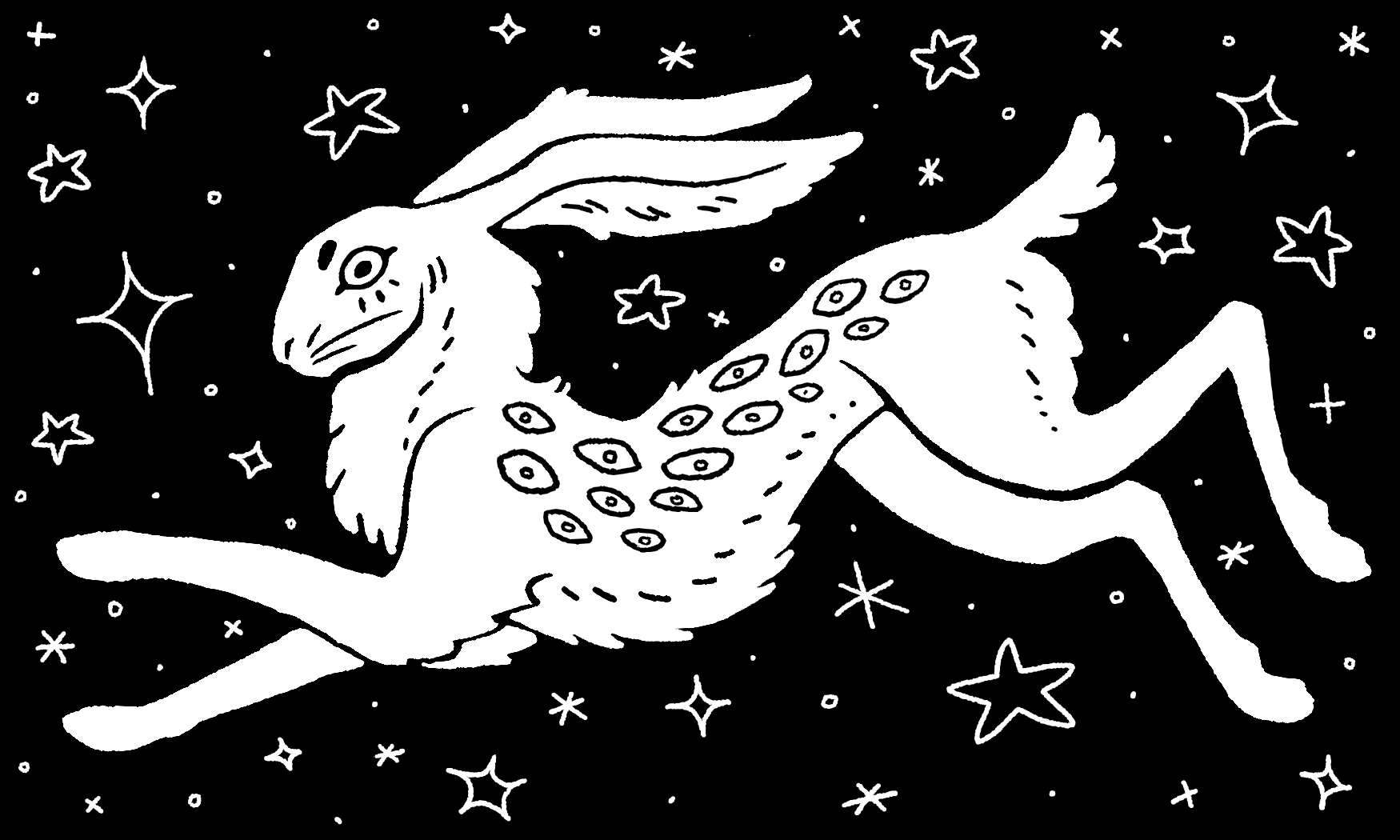 Black and white illustration of a winged creature with a dinosaur-like head, holding a star, surrounded by stars and cosmic elements.