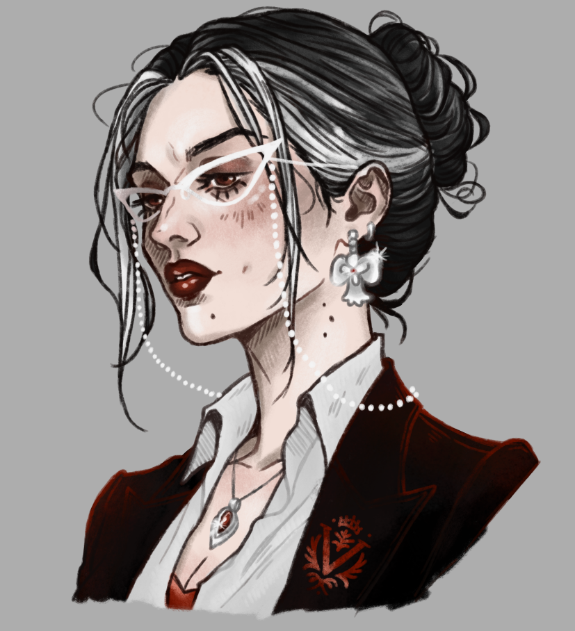 Digital illustration of a woman with dark hair styled in an updo with white strands, wearing glasses with pearl chains, earrings, and a necklace. She is dressed in a white shirt and dark blazer with red embroidery, set against a gray background.
