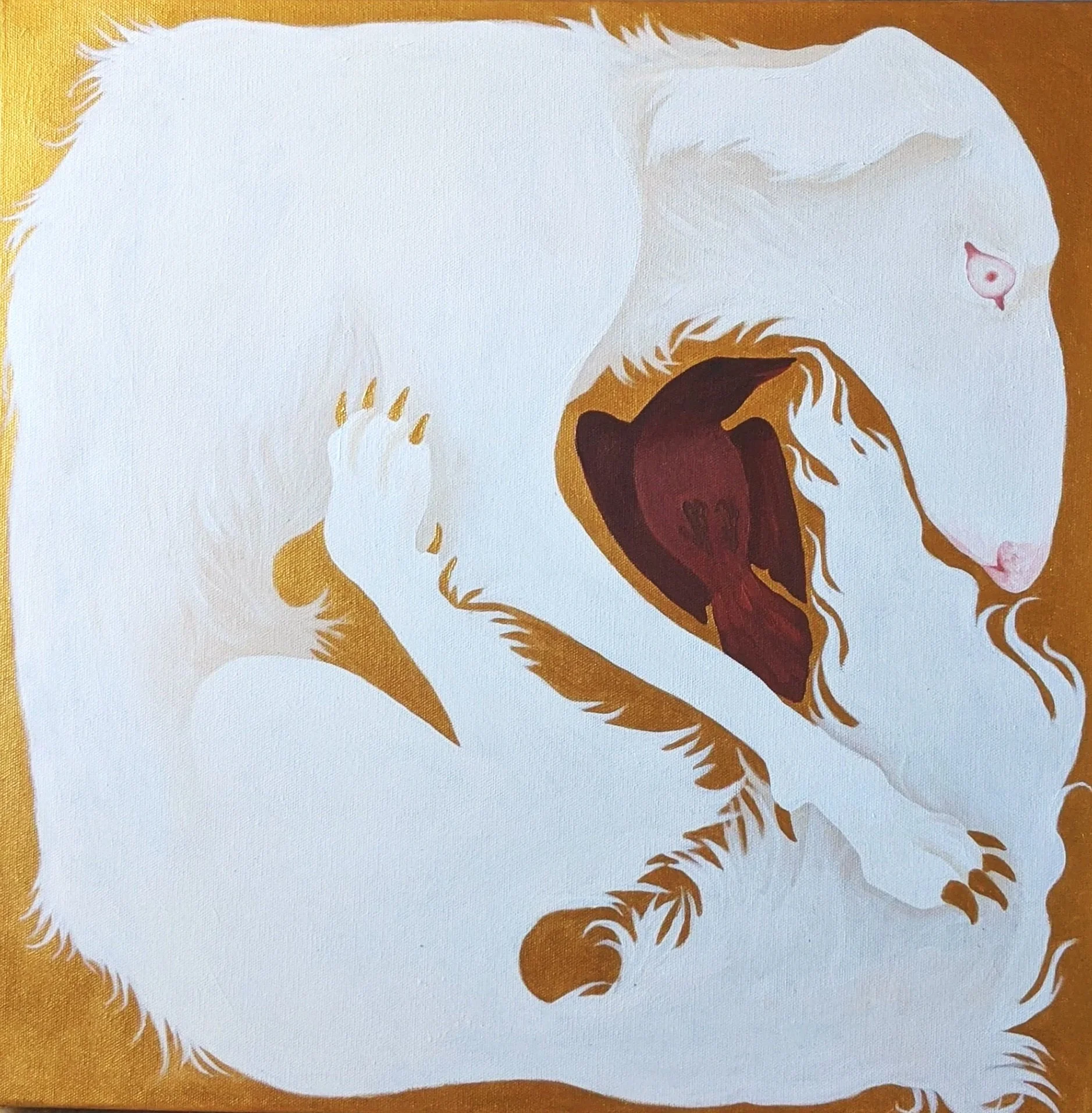 Close-up of a white polar bear with an open mouth, showing sharp teeth and pink tongue, on a brown background.