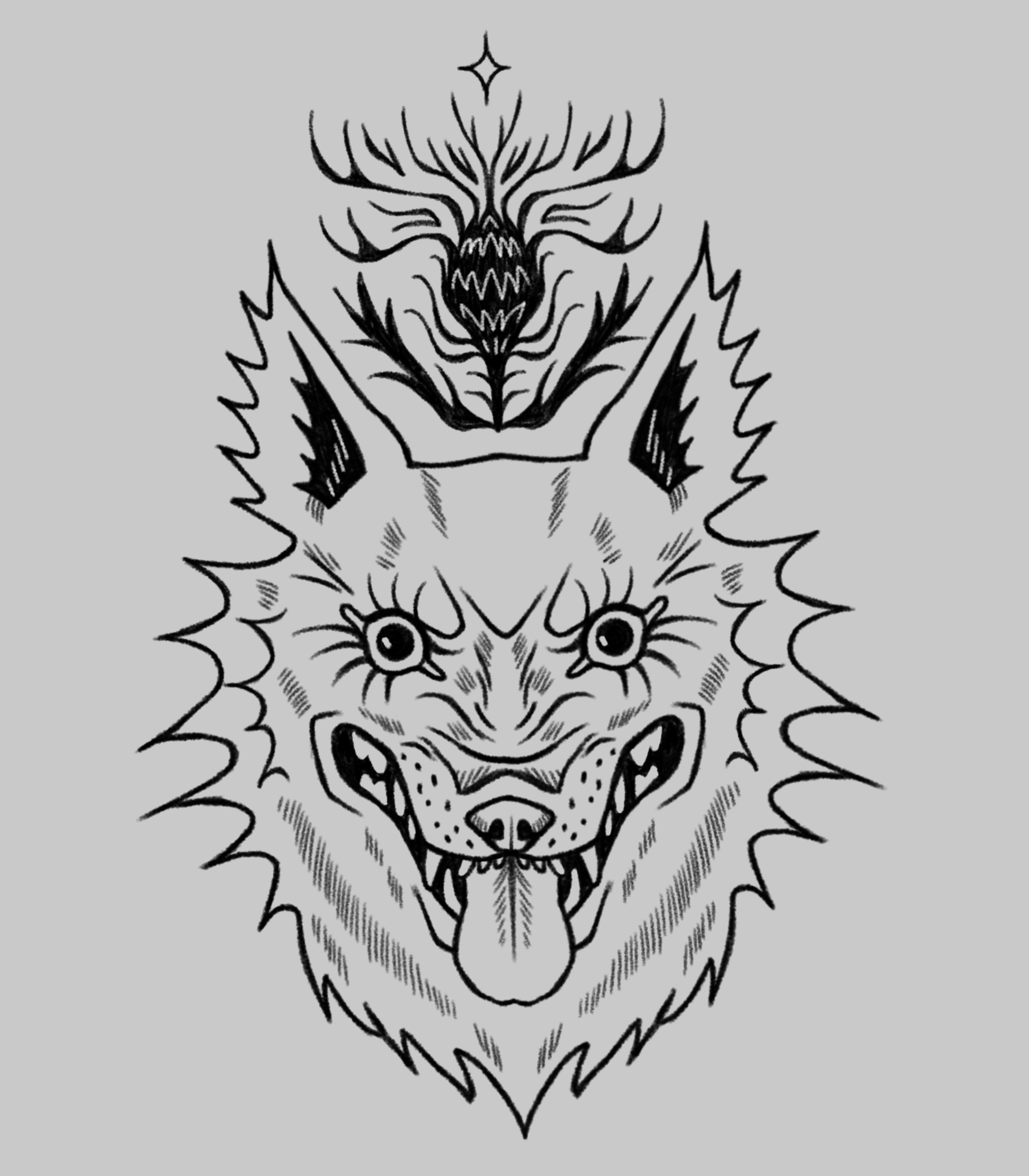 Black and white line art of a fierce tiger's face with sharp eyes and an open mouth showing teeth, surrounded by a jagged outline, on a gray background.
