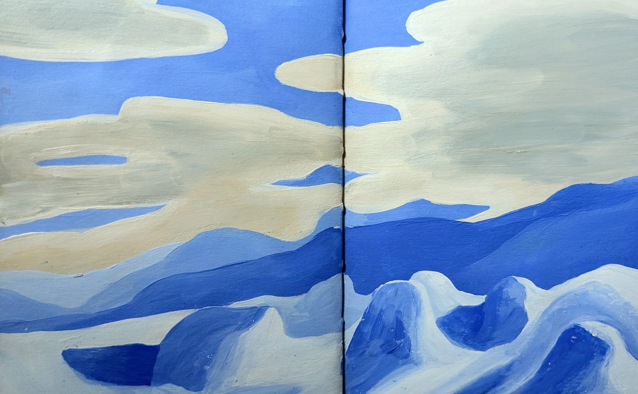 A painting of clouds in a blue sky with some darker blue accents at the bottom.