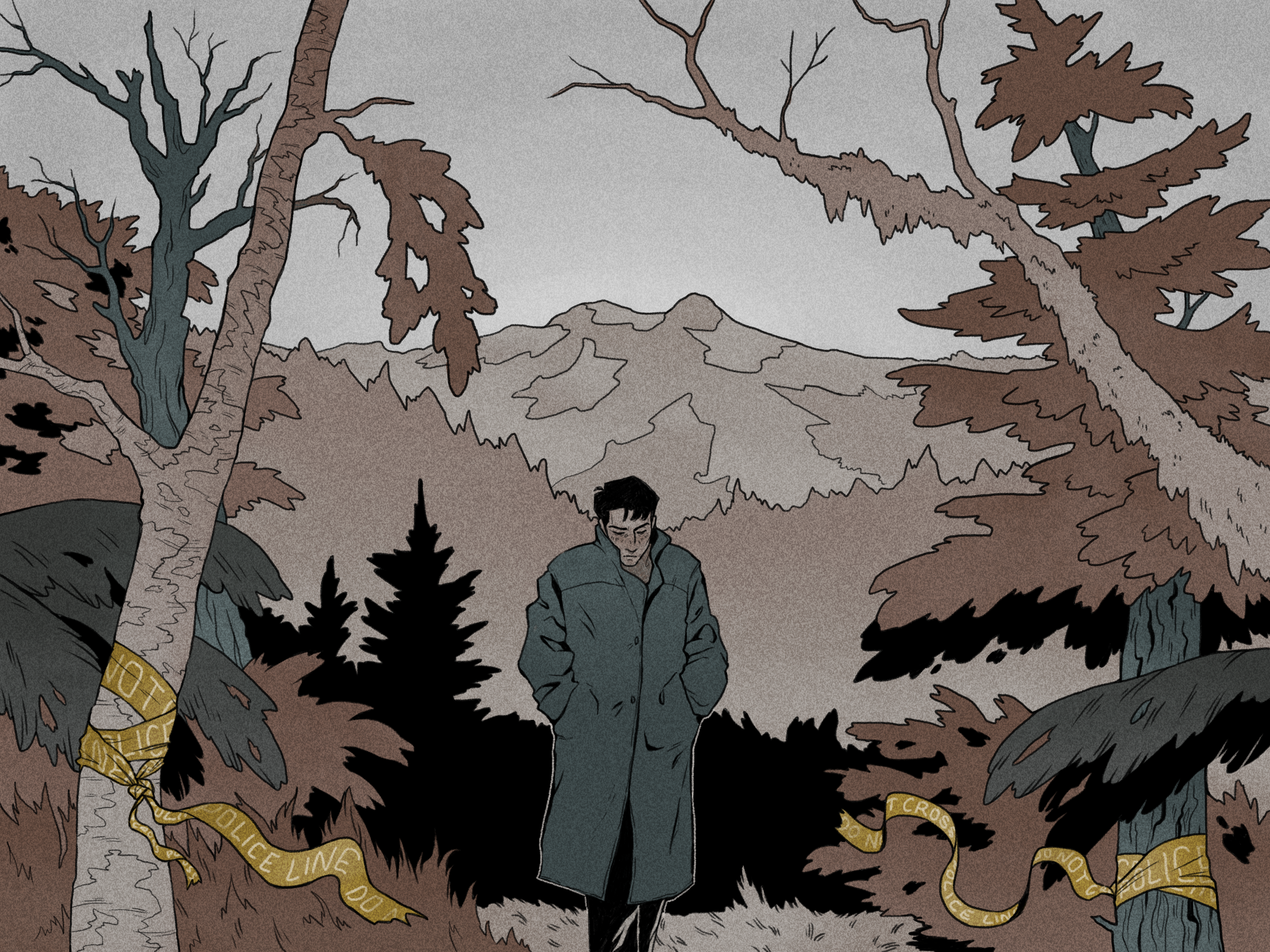 A scene with trees, mountains in the background, and two people walking, with some police tape that says 'DO NOT CROSS POLICE LINE' on the ground and on a tree.