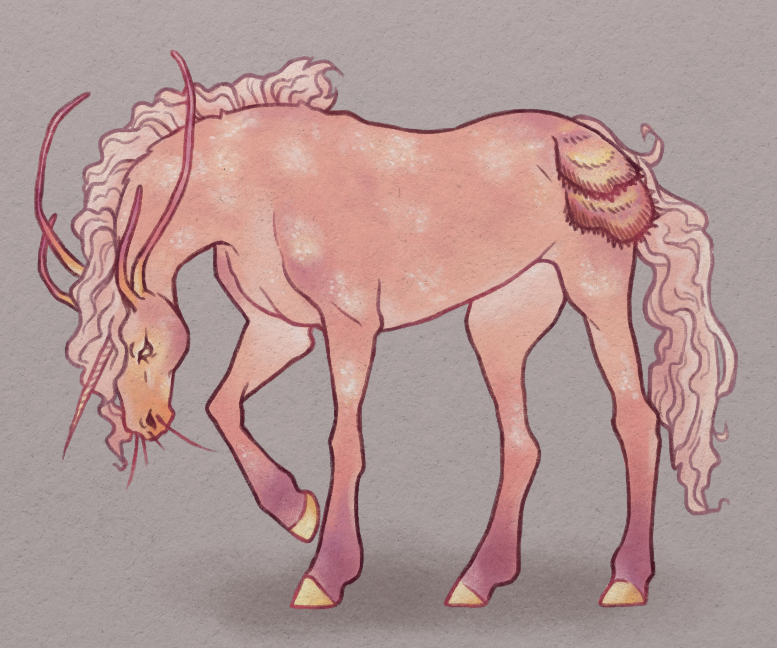 A watercolor illustration of a lion in profile with a mane and tail, painted in shades of pink, orange, and yellow, on a gray background.