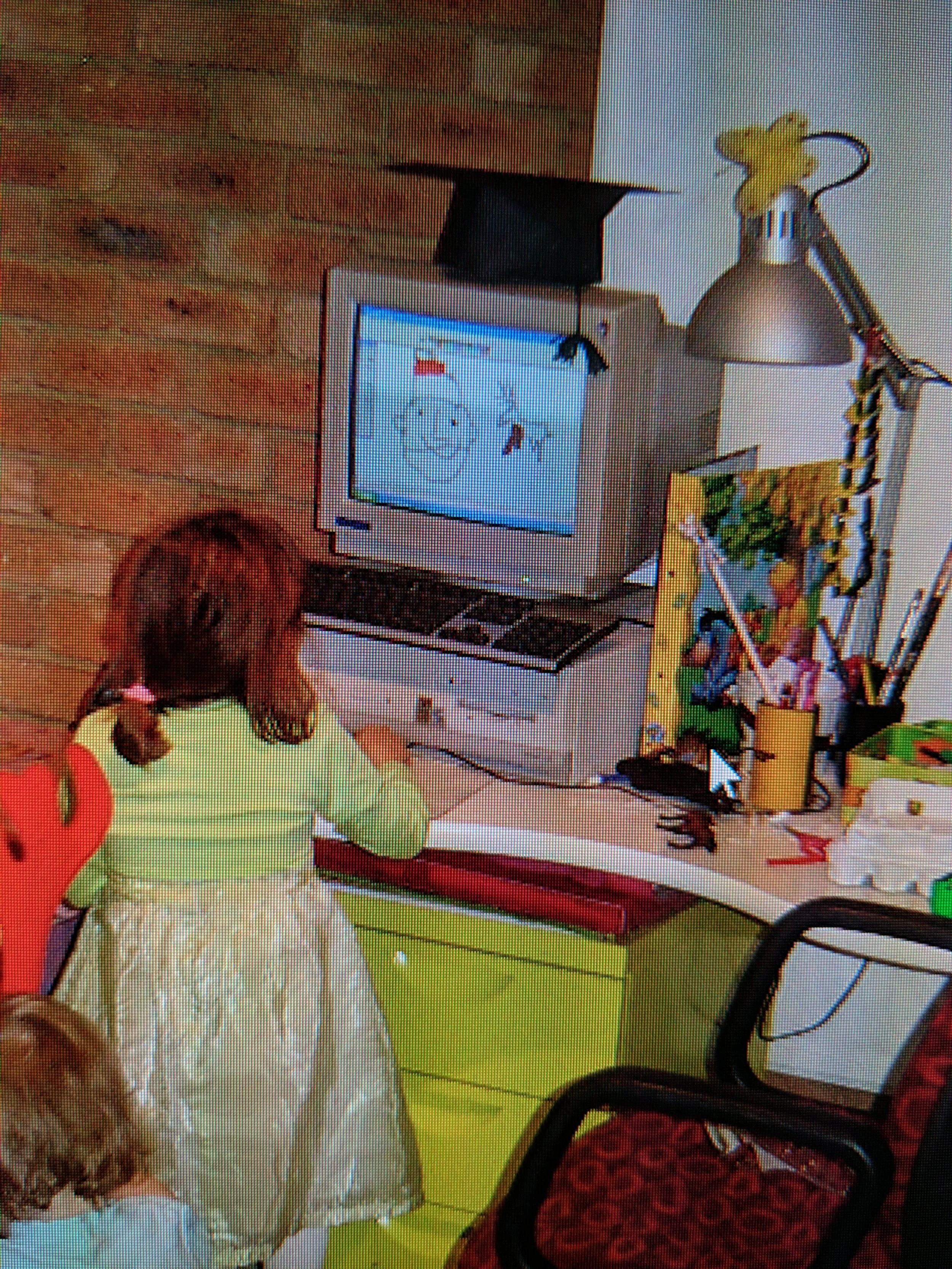 Child with brown hair in pigtails wearing a yellow dress and white cardigan, sitting at a table with a computer monitor, keyboard, and various art supplies including a paintbrush and a container with markers.