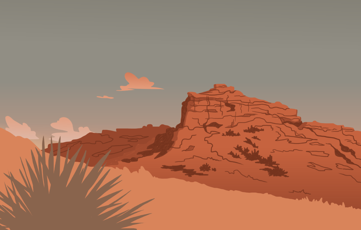 Illustration of a desert landscape with a large rock formation, sparse vegetation, and a sky with clouds.