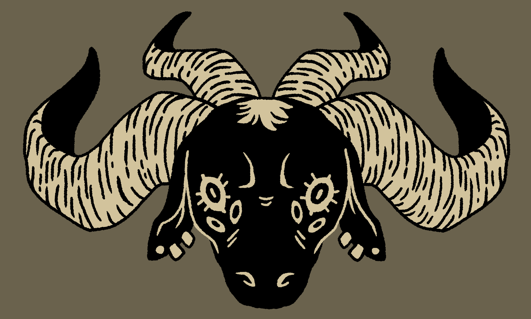 A stylized black and beige illustration of a goat's head viewed from the front, featuring large curved horns with striped patterns and facial markings.