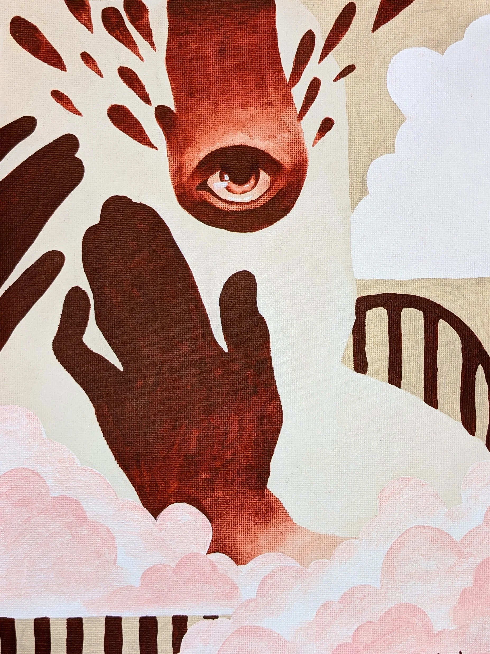 A stylized illustration of a woman with long hair, holding her hand over her eye, surrounded by pink clouds and a decorative element resembling a fence or grill at the bottom.