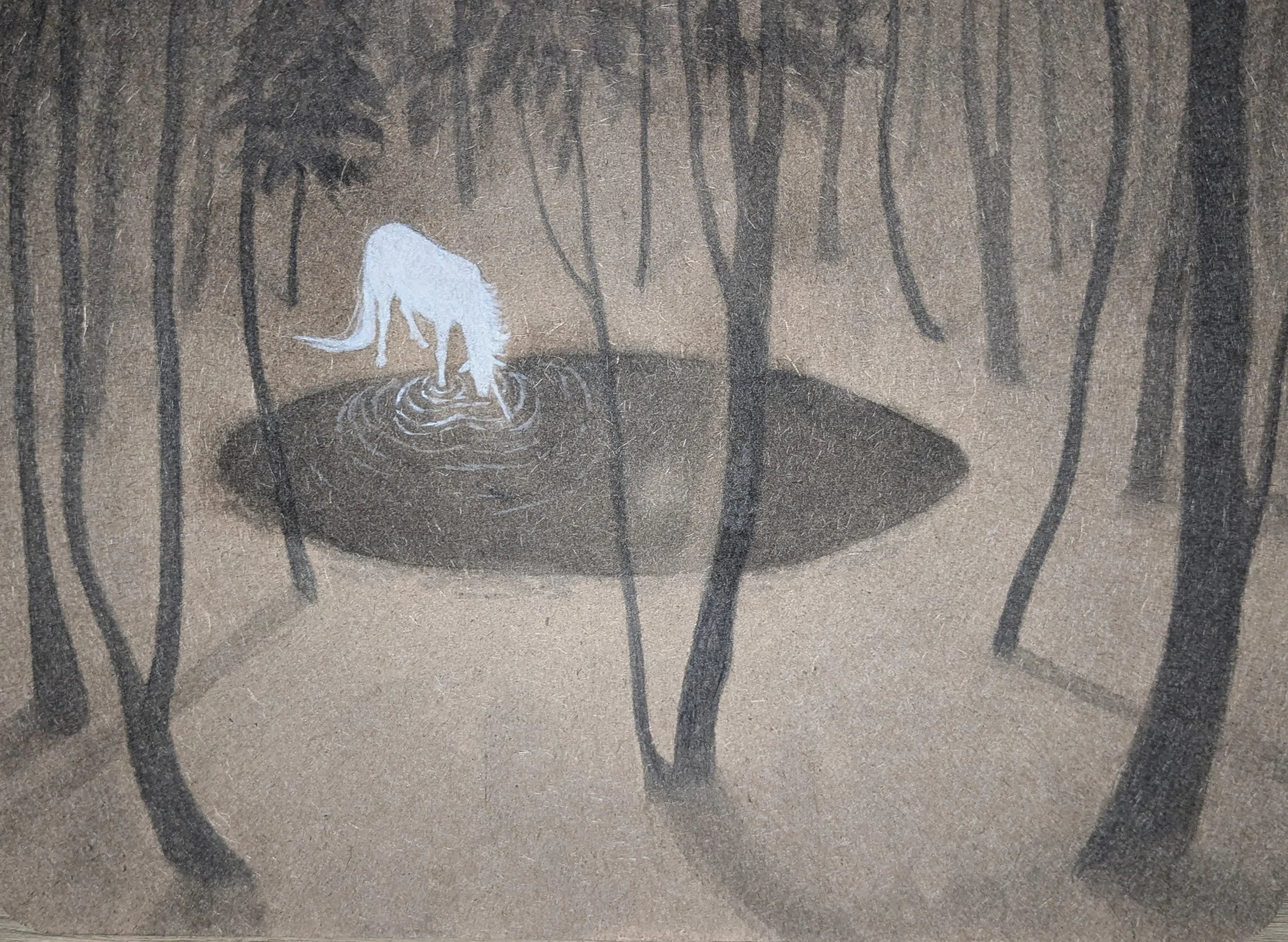 A graffiti art of a white wolf drinking water from a puddle, painted on a concrete wall with vertical dark streaks.