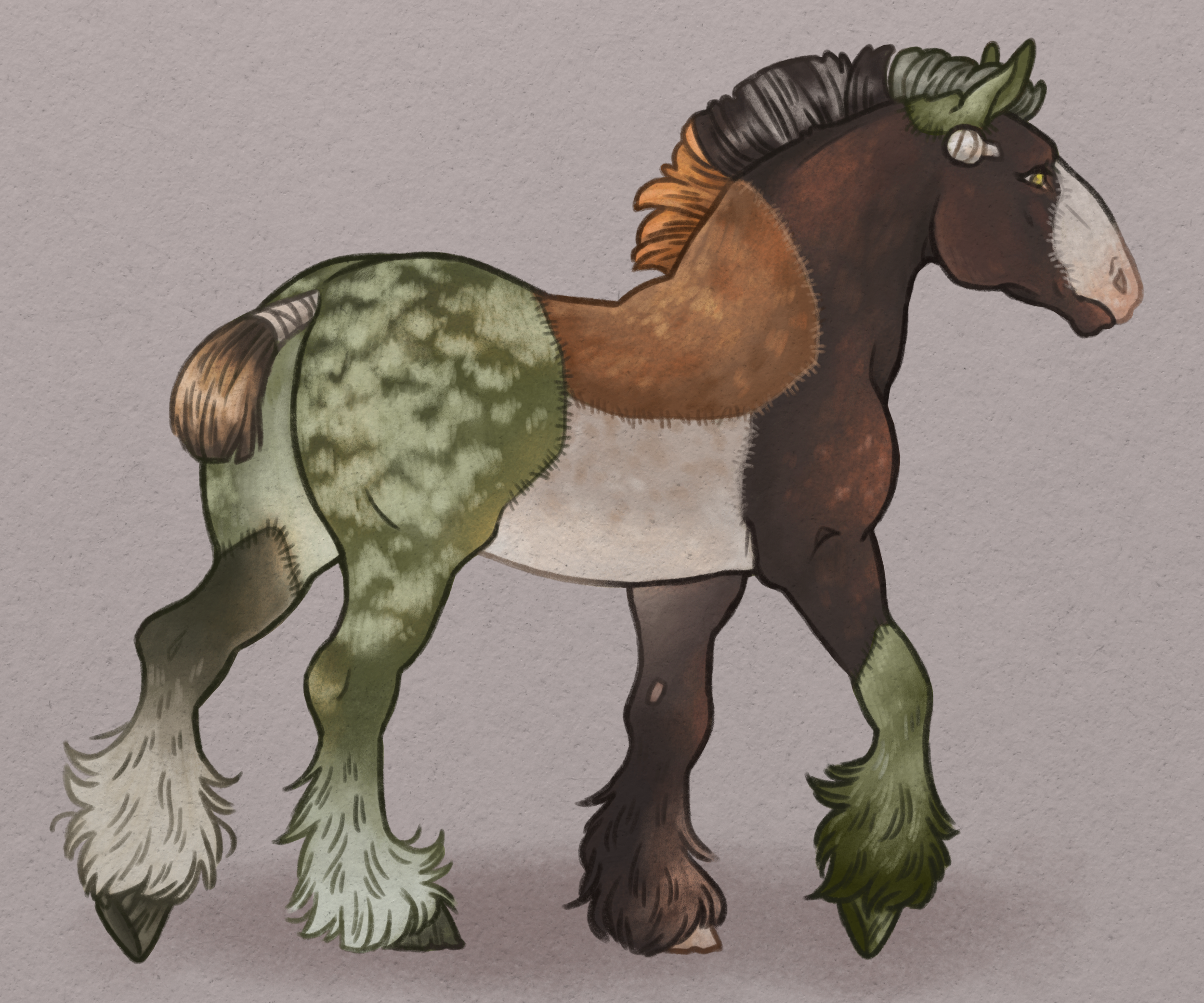 A drawing of a horse with a half green and half brown body, featuring a two-toned mane and tail, standing on a neutral background.