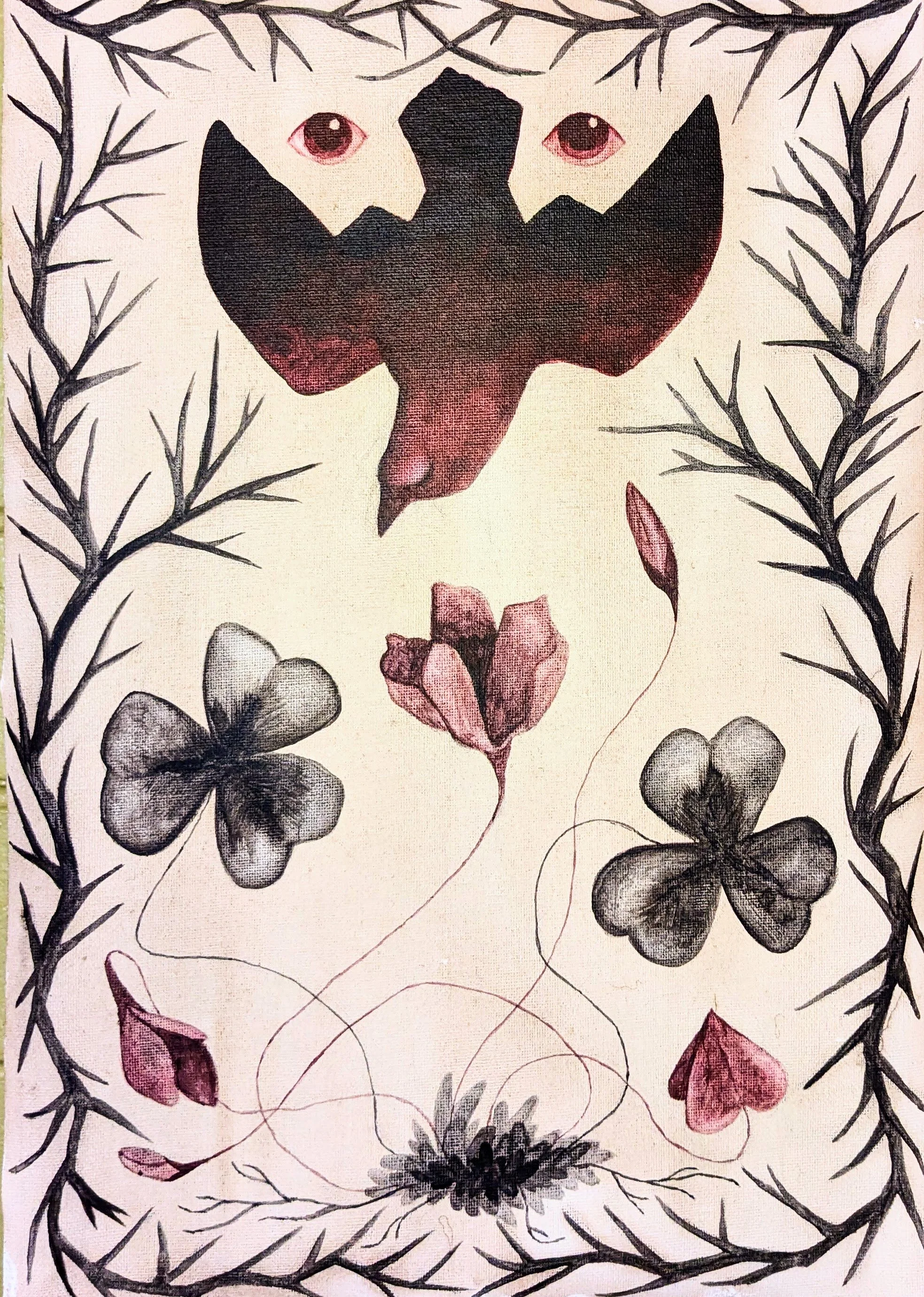 A mixed-media artwork featuring black and pink abstract and floral designs with some eyes and branches framing the composition.