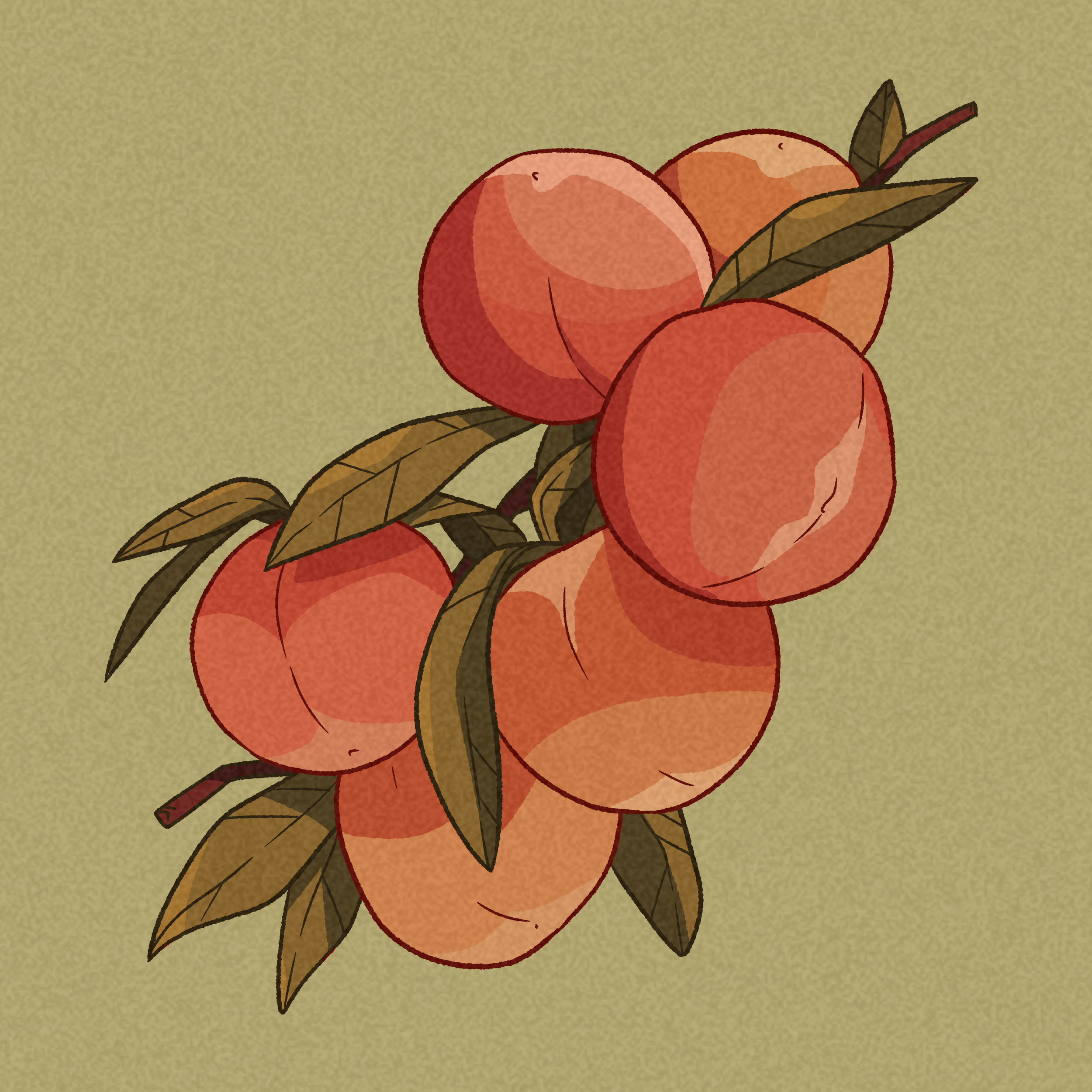 Illustration of peaches with leaves on a beige background.