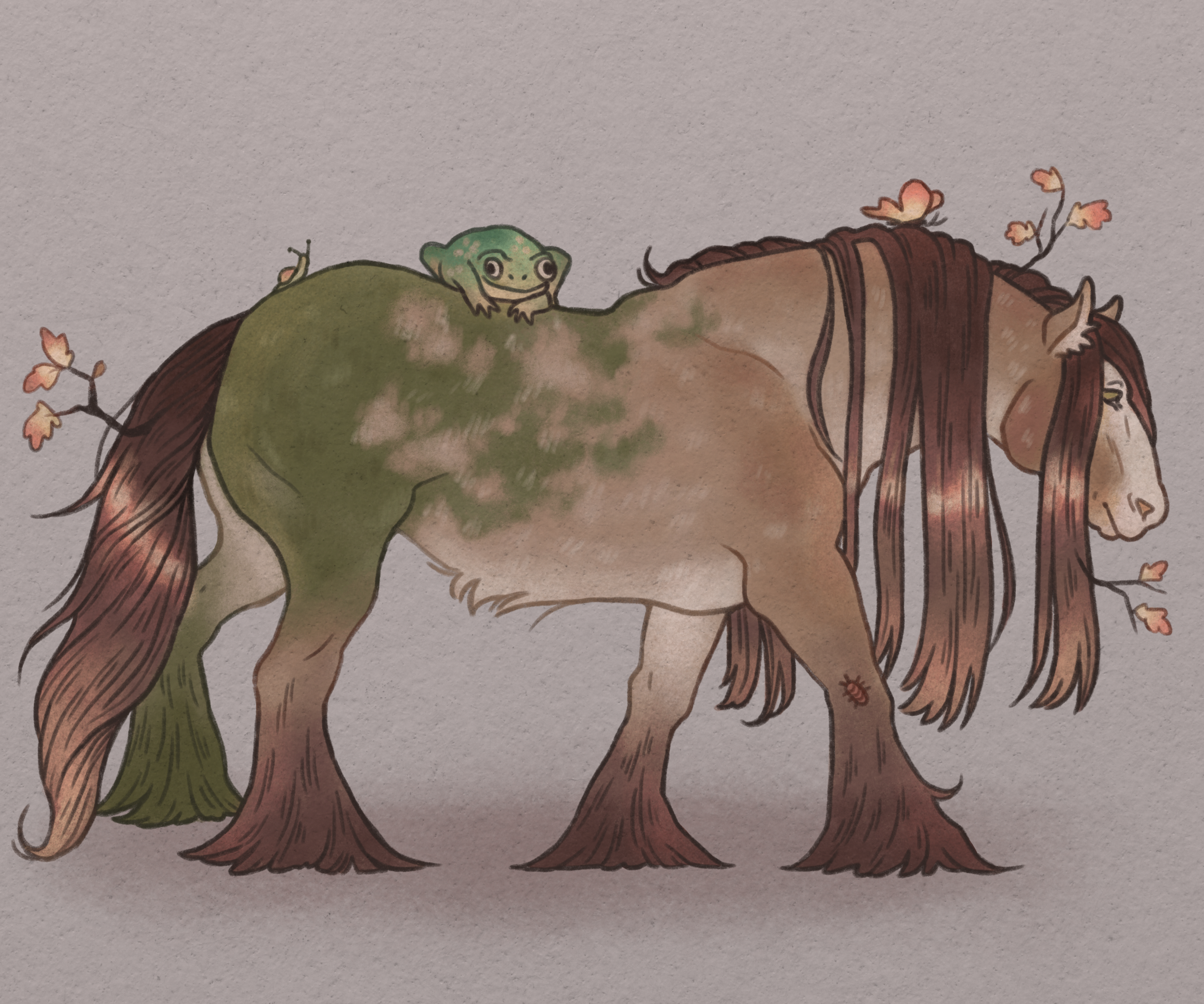 Illustration of a woman with long hair and a horse, with a frog perched on her shoulder.