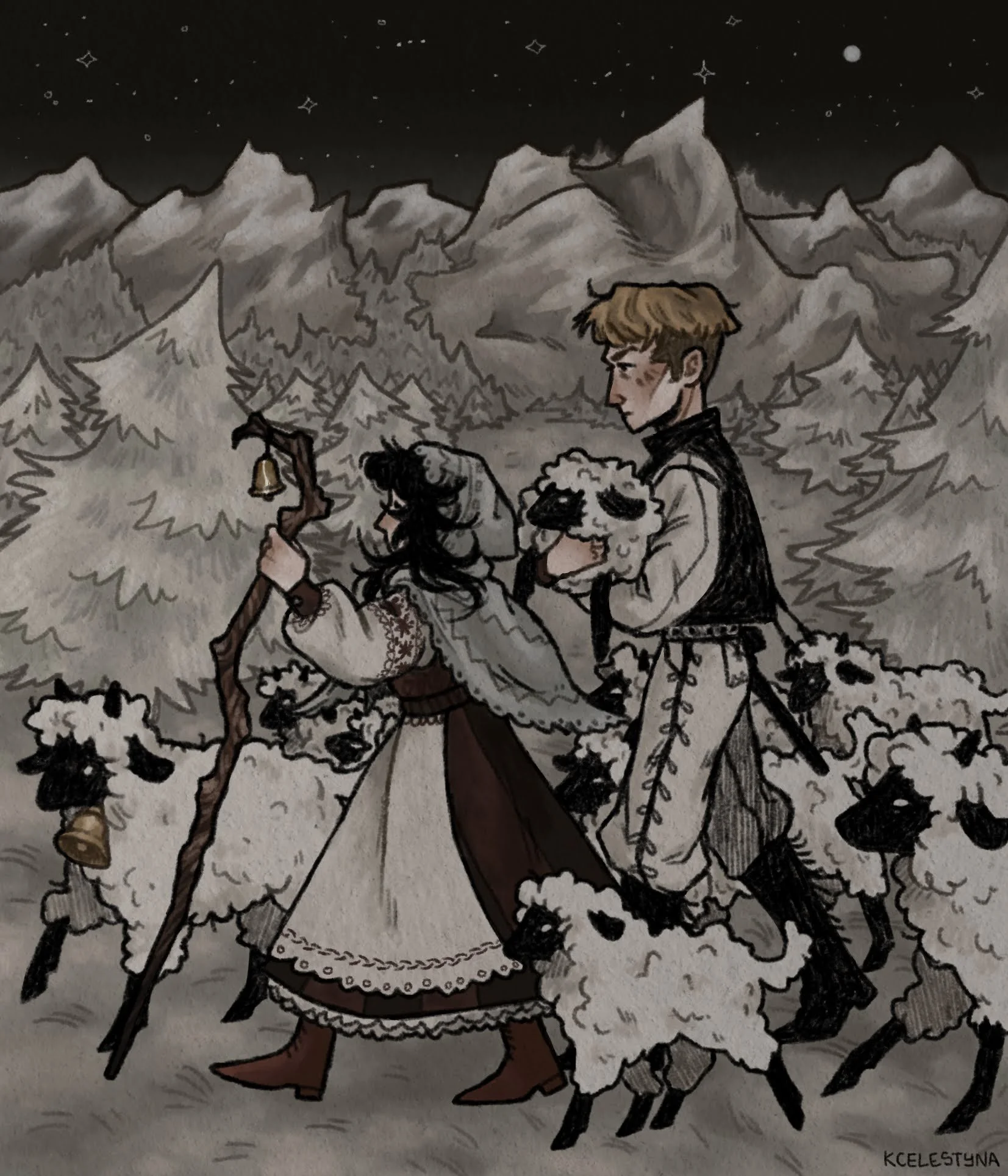 Drawing of three characters, a young man and two women, walking through a snowy mountain landscape at night under a starry sky, with one of the women holding a staff with a small bell.