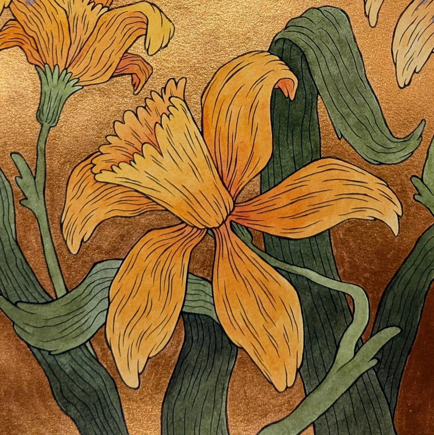 A painting of an orange lily with green leaves on a textured gold background.