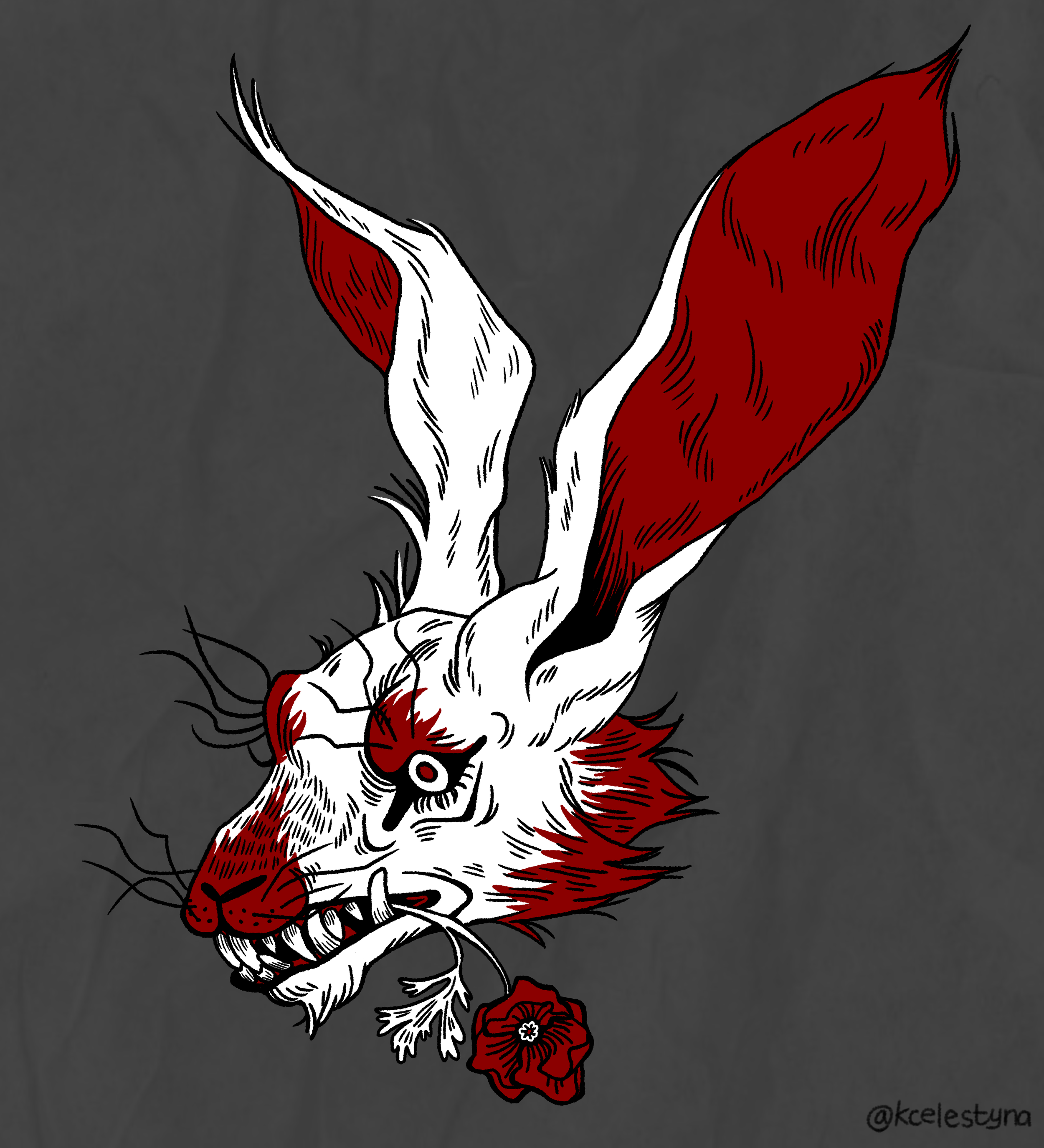 Illustration of a tiger's skull with red and white coloring, adorned with red roses and a dark background.