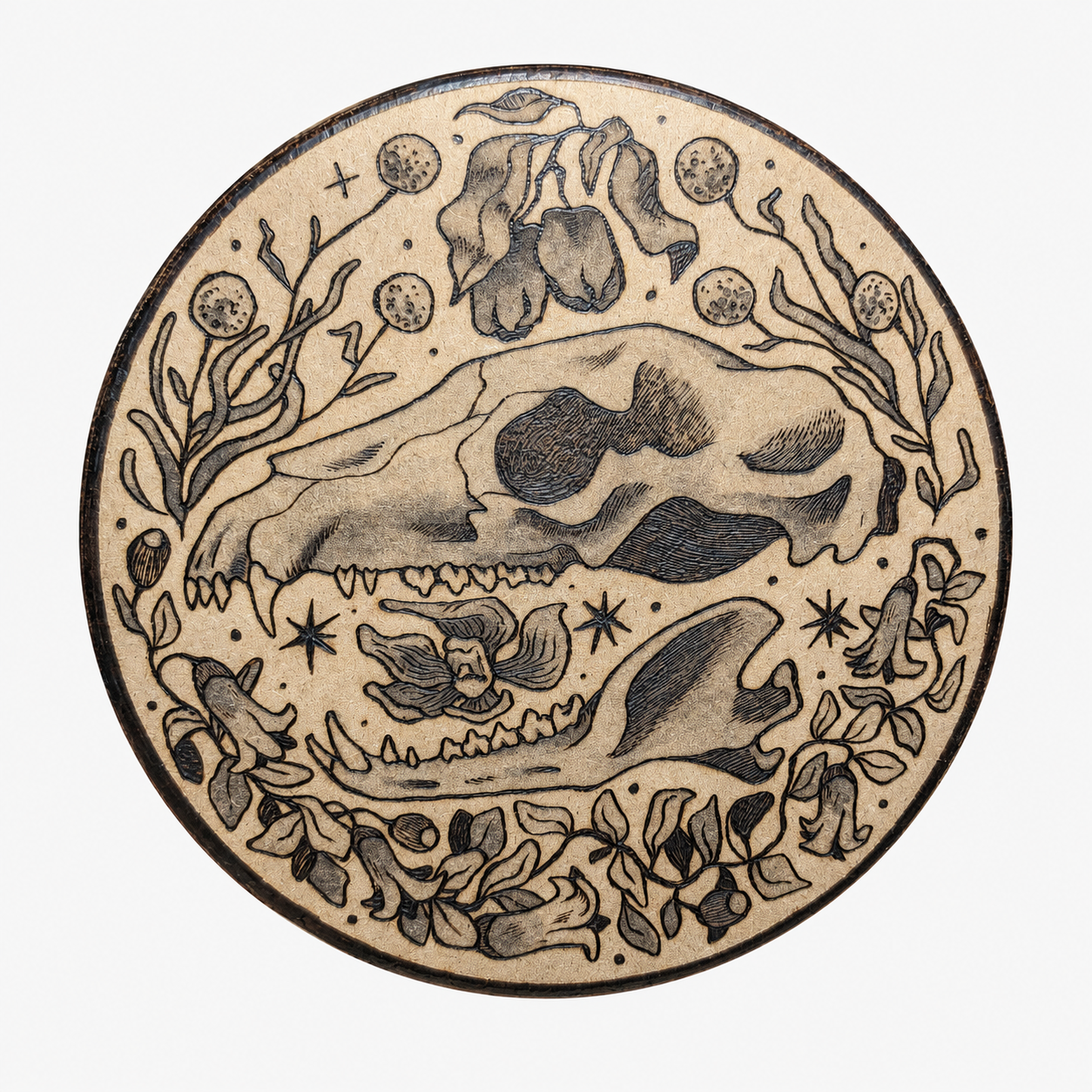 A round, beige-colored object with a black illustration of a skull, flowers, stars, and a mysterious creature.