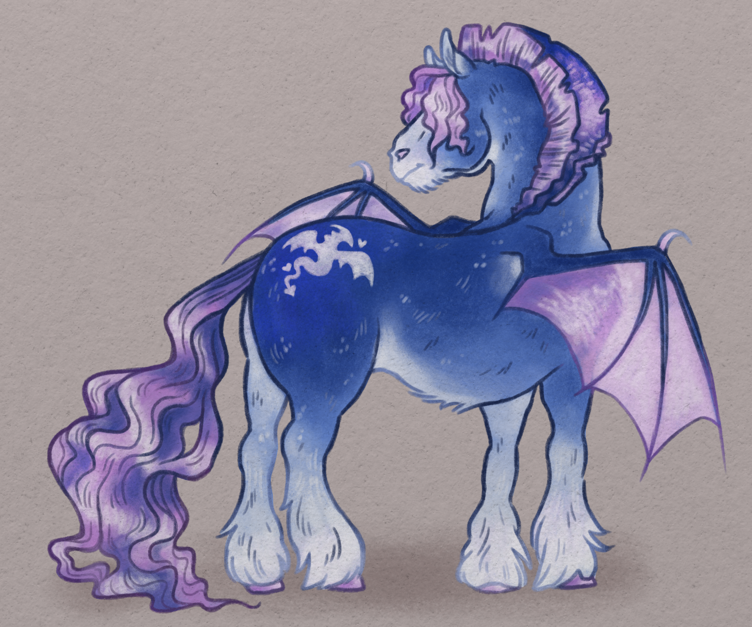 A watercolor painting of a unicorn with a purple and pink mane, blue body, and a white horn. The unicorn has a detailed, dreamy expression and is depicted with closed eyes, standing on a plain background.