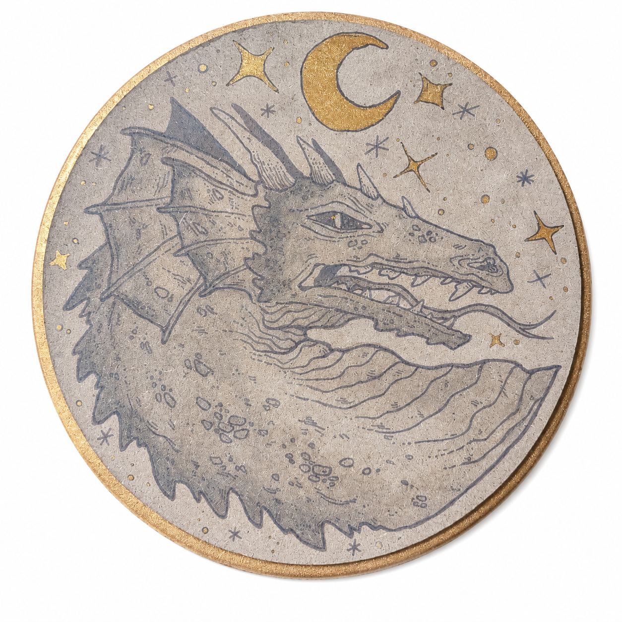 A coin featuring a detailed illustration of a dragon's head, with a background of stars and a crescent moon.