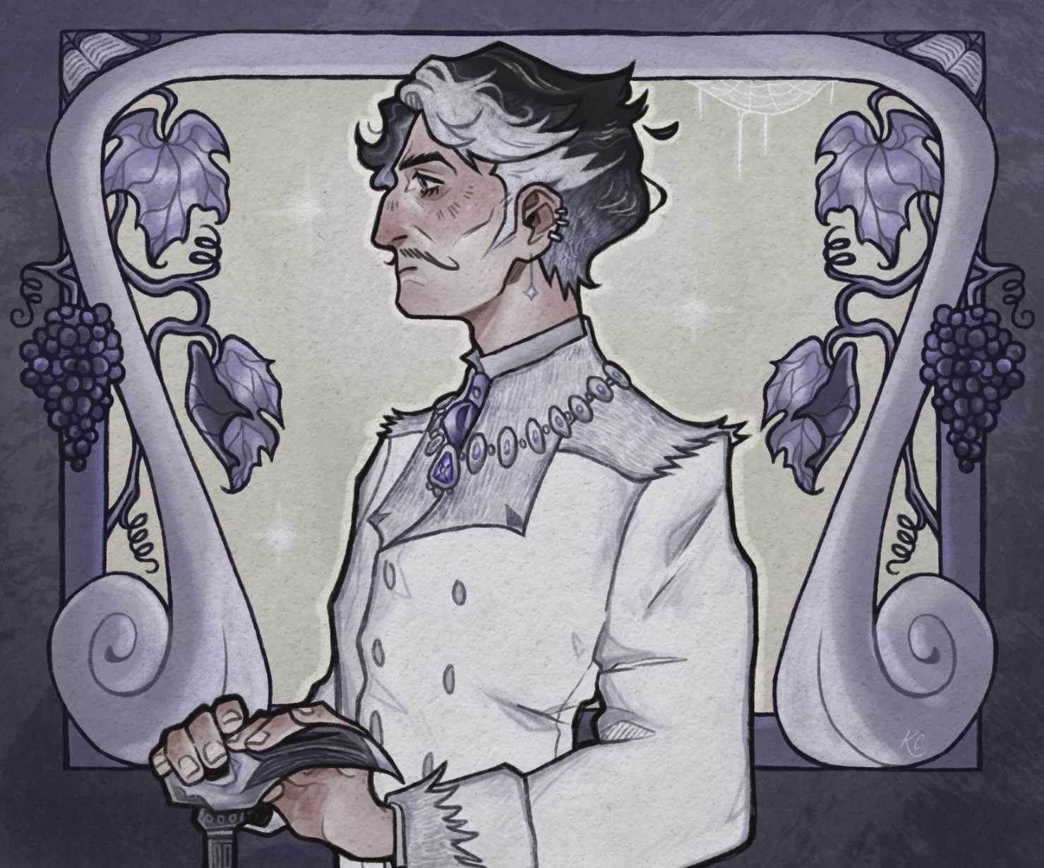 A digital illustration of a regal man with dark and white hair, wearing a white Victorian-style suit and an ornate purple necklace, sitting on a throne decorated with grapevine motifs and purple grapes.