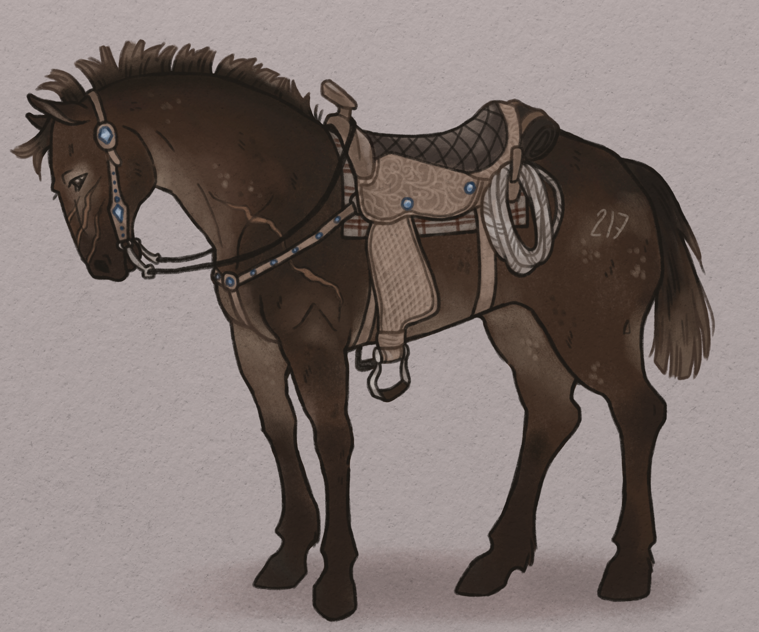 A brown horse with a bridle and saddle, standing against a plain background.