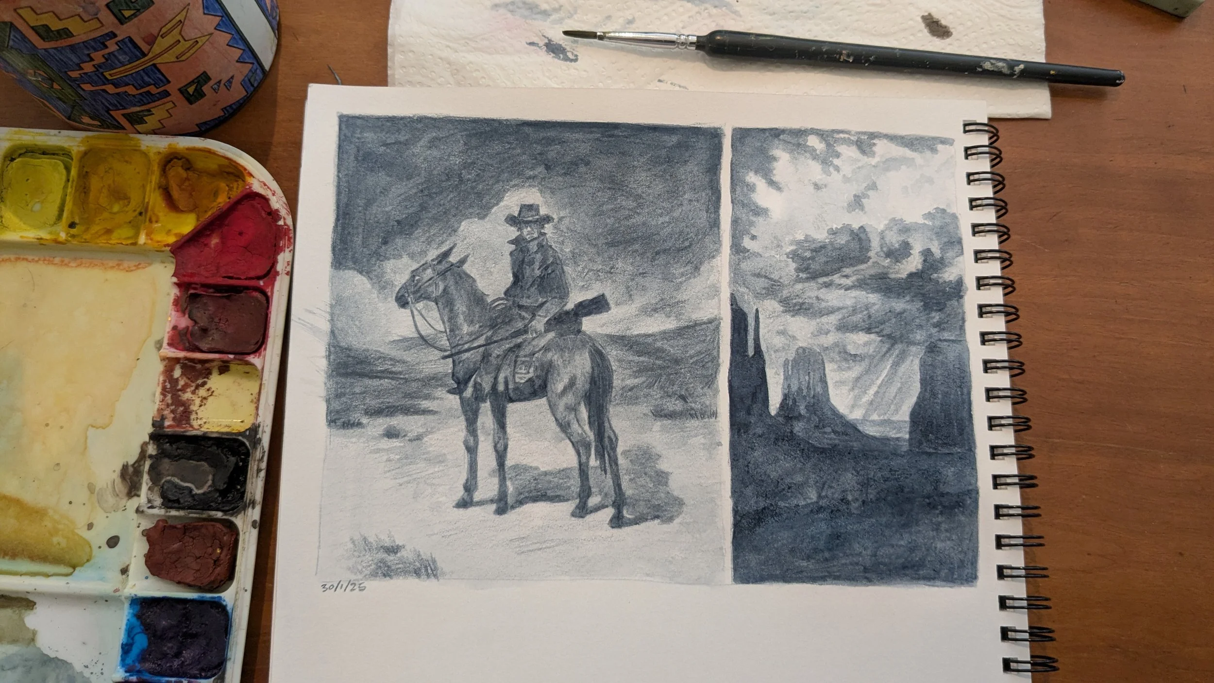 A watercolor painting of a cowboy on horseback, with a dark cloudy sky in the background and a tall rock formation or monument in the distance on the right side.