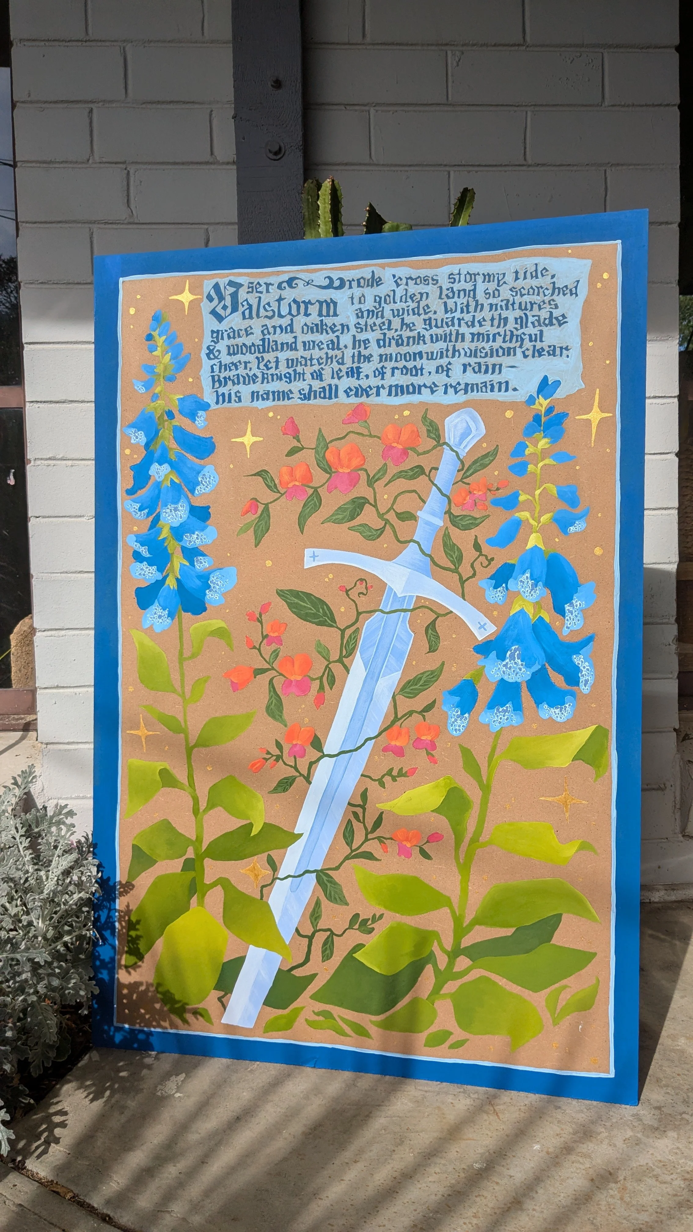 Colorful artwork depicting a Bible verse surrounded by flowers and stars, featuring a white sword wrapped in vines.