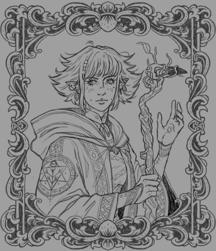 A detailed black and white illustration of a fantasy elf woman with pointed ears and short, spiky hair, surrounded by ornate decorative borders. She is holding a smoking staff and wearing intricate clothing with magical symbols.