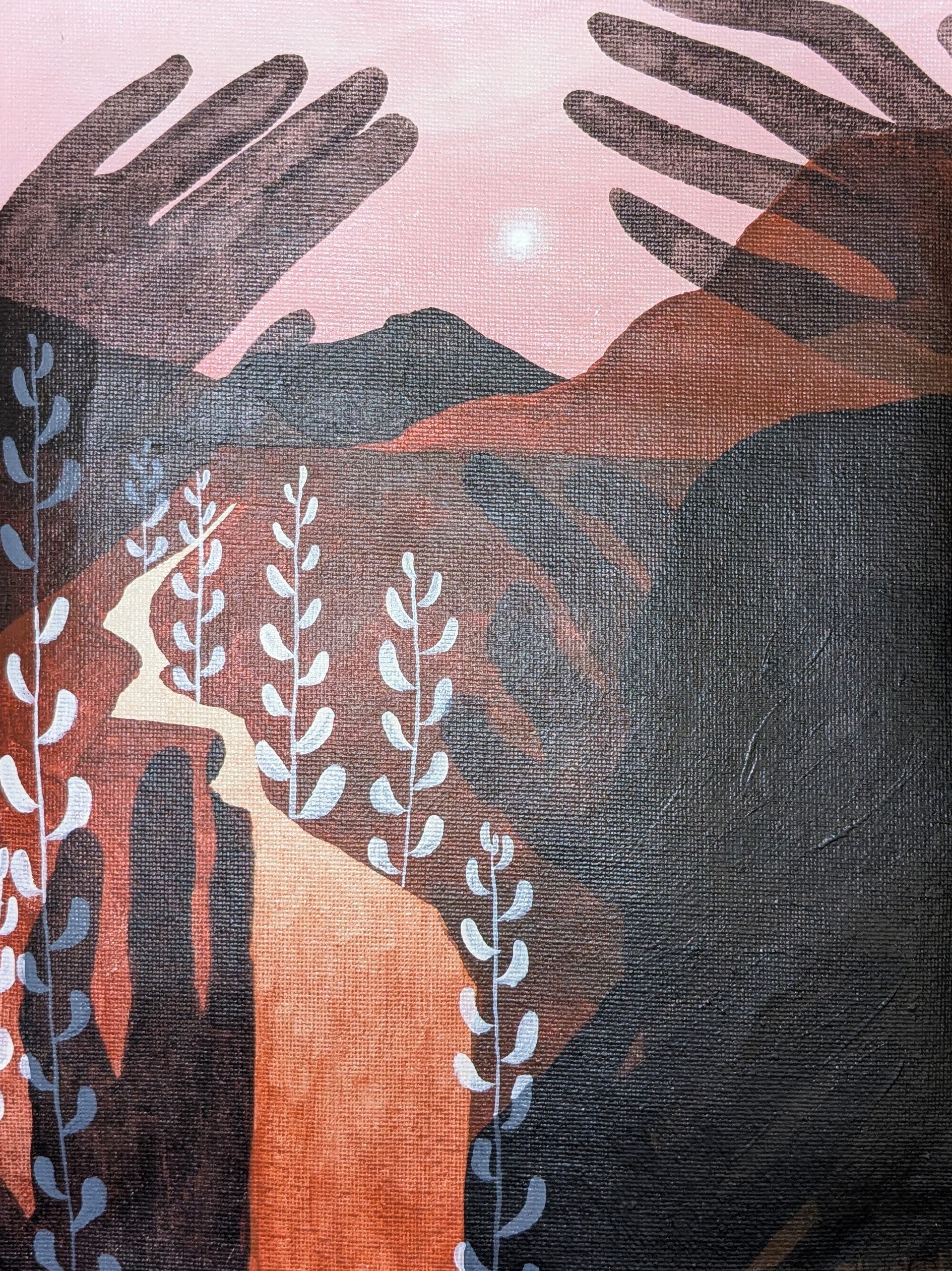 An illustrated landscape featuring a mountain in the background, two large hands reaching out, and plants with white leaves in the foreground, against a pink sky with a sun or moon.
