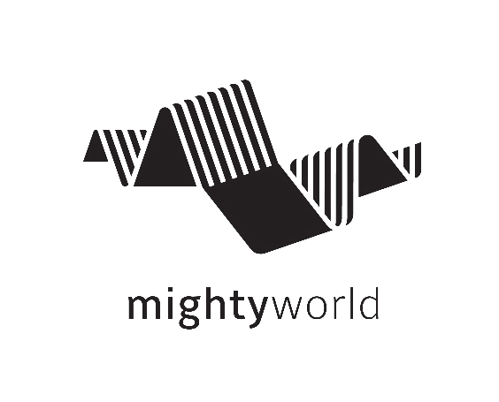A logo with a stylized mountain design and the words "mightyworld" underneath.
