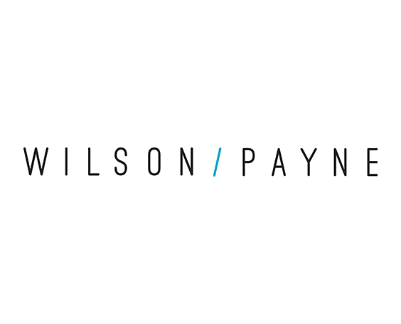 Wilson / Payne logo in black and white with a blue slash in the middle.