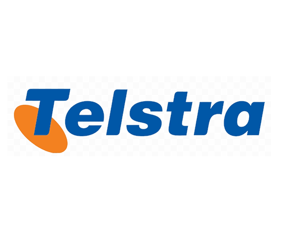 Telstra logo with blue text and orange accent on a transparent background.