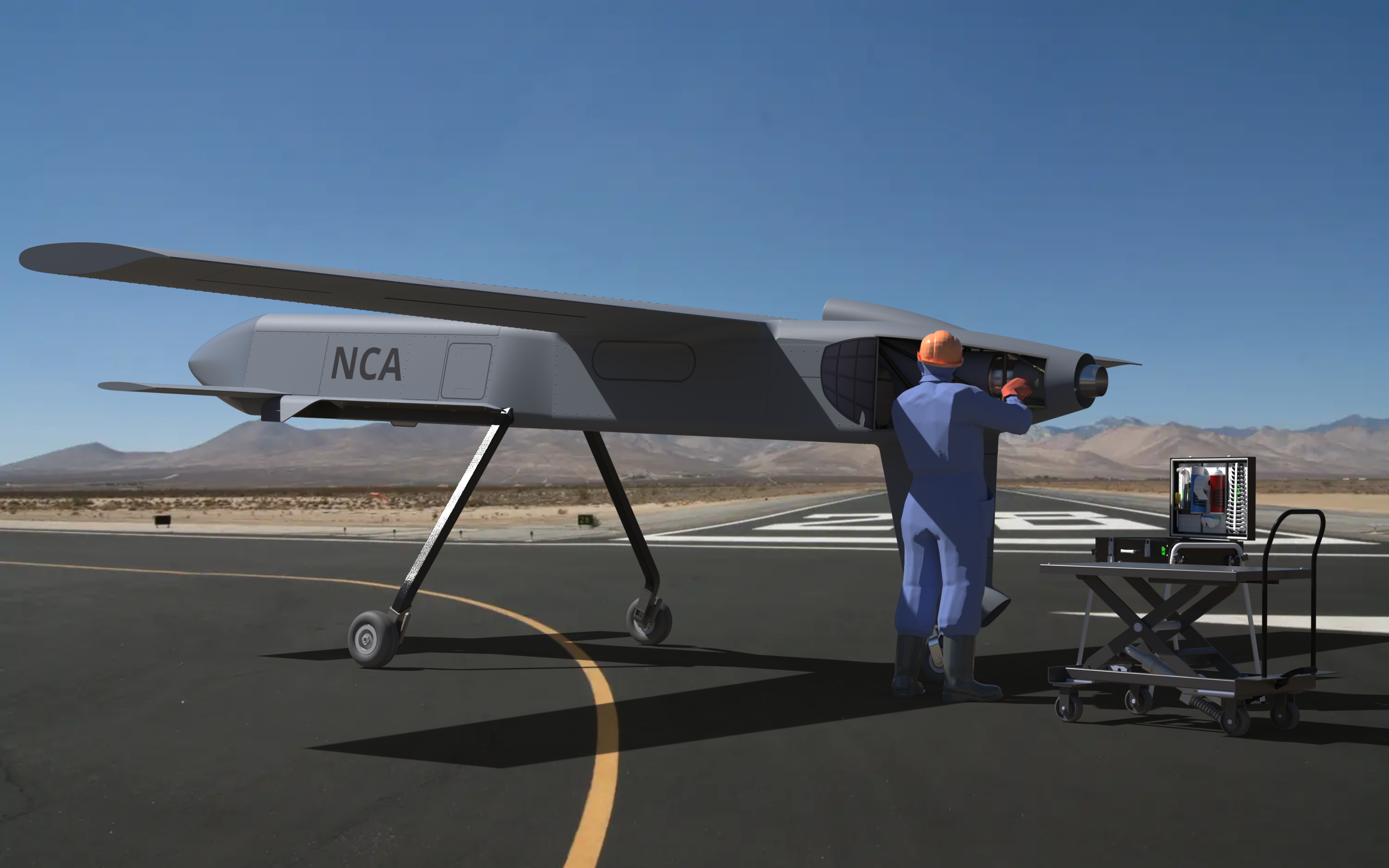 A person in a blue suit and orange hard hat is working on a drone aircraft labeled 'NCA' on an airport tarmac, with equipment nearby and mountains in the background.