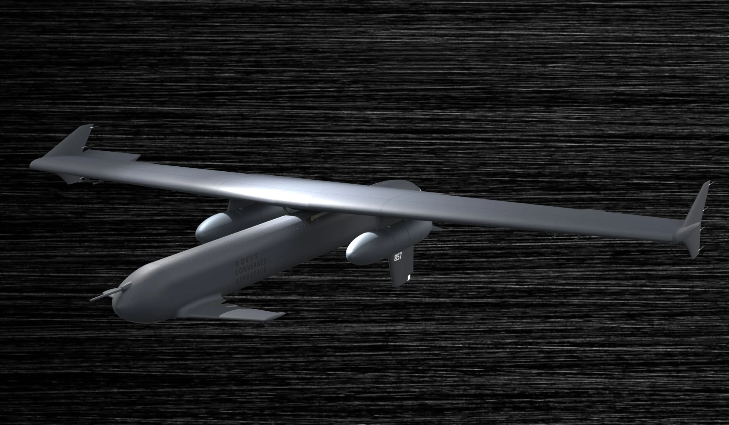 A digital rendering of a futuristic unmanned aircraft flying over a dark, textured surface.
