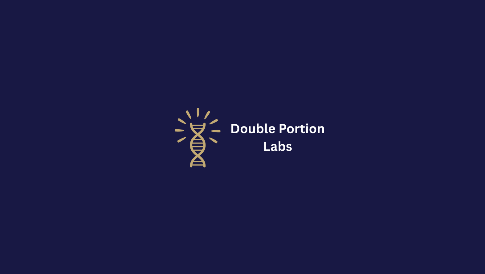 Logo of Double Portion Labs, featuring a lightbulb with a DNA double helix inside and rays emanating from it on a navy background.