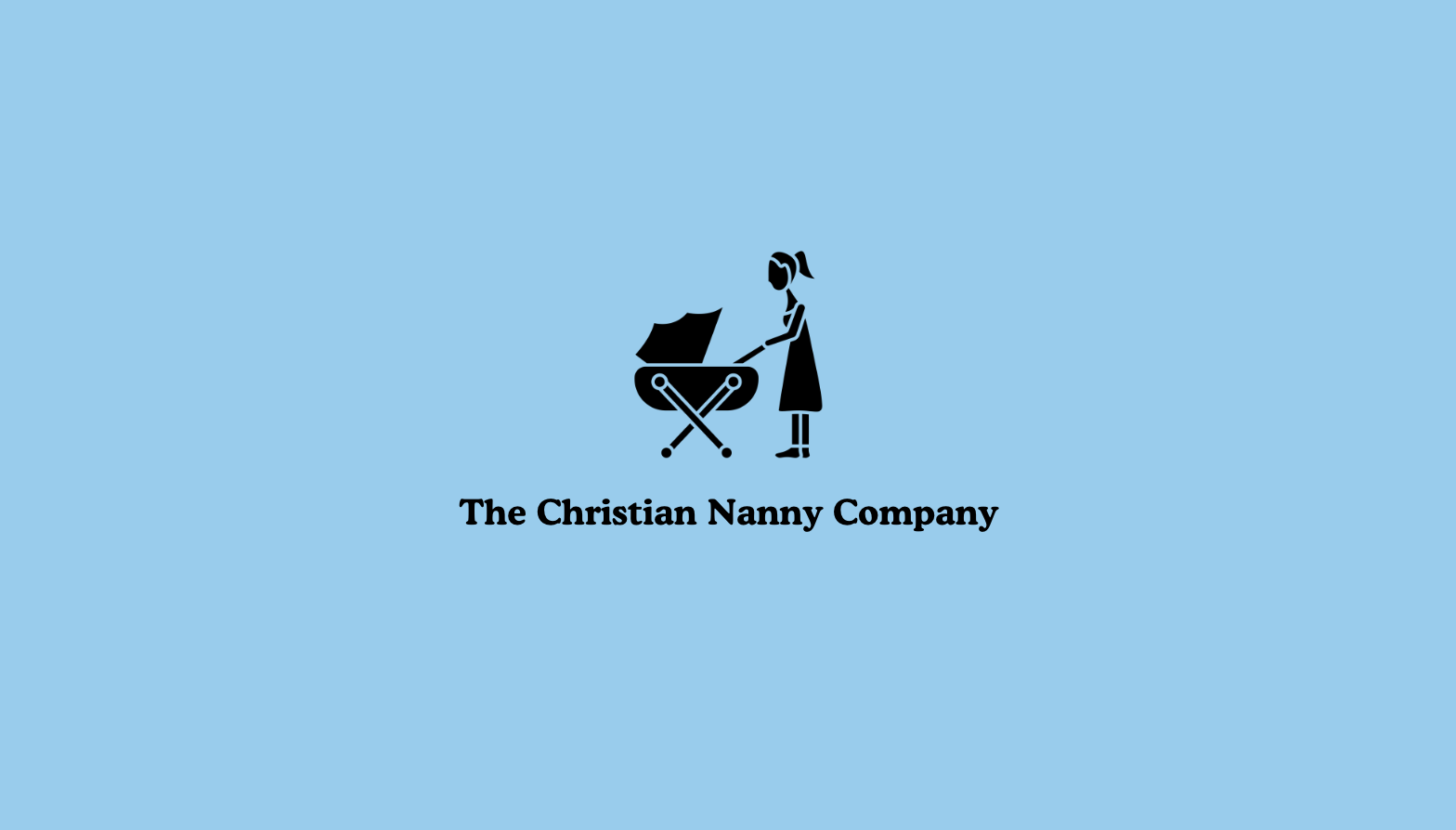 Logo of The Christian Nanny Company, featuring a black icon of a woman pushing a stroller on a light blue background with the company's name below.